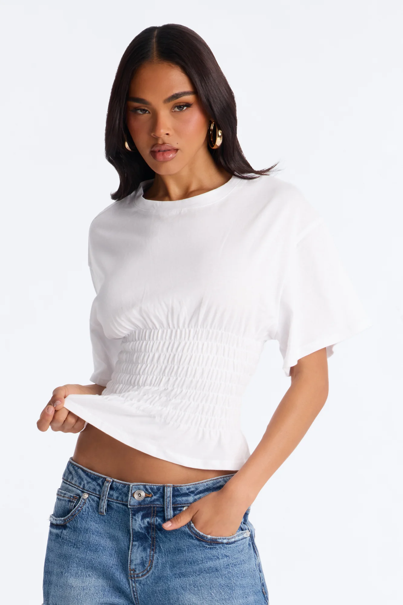 Delaney Smocked Short Sleeve Top - White