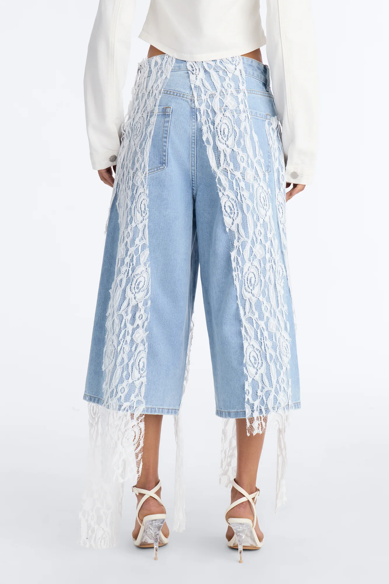 Delicate Dreams Lace Trim Culotte Jeans - Light Wash - Image 4