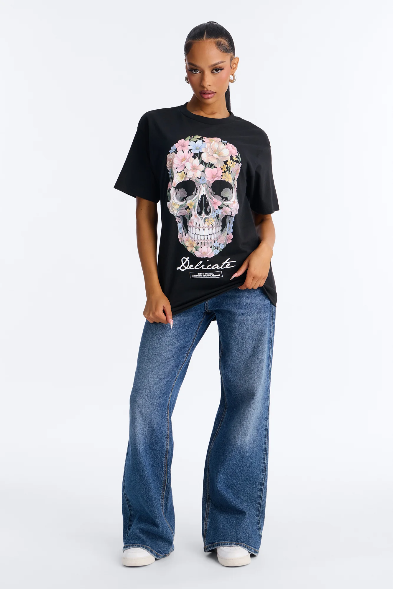 Delicate Flower Skull Tee - Black - Image 2