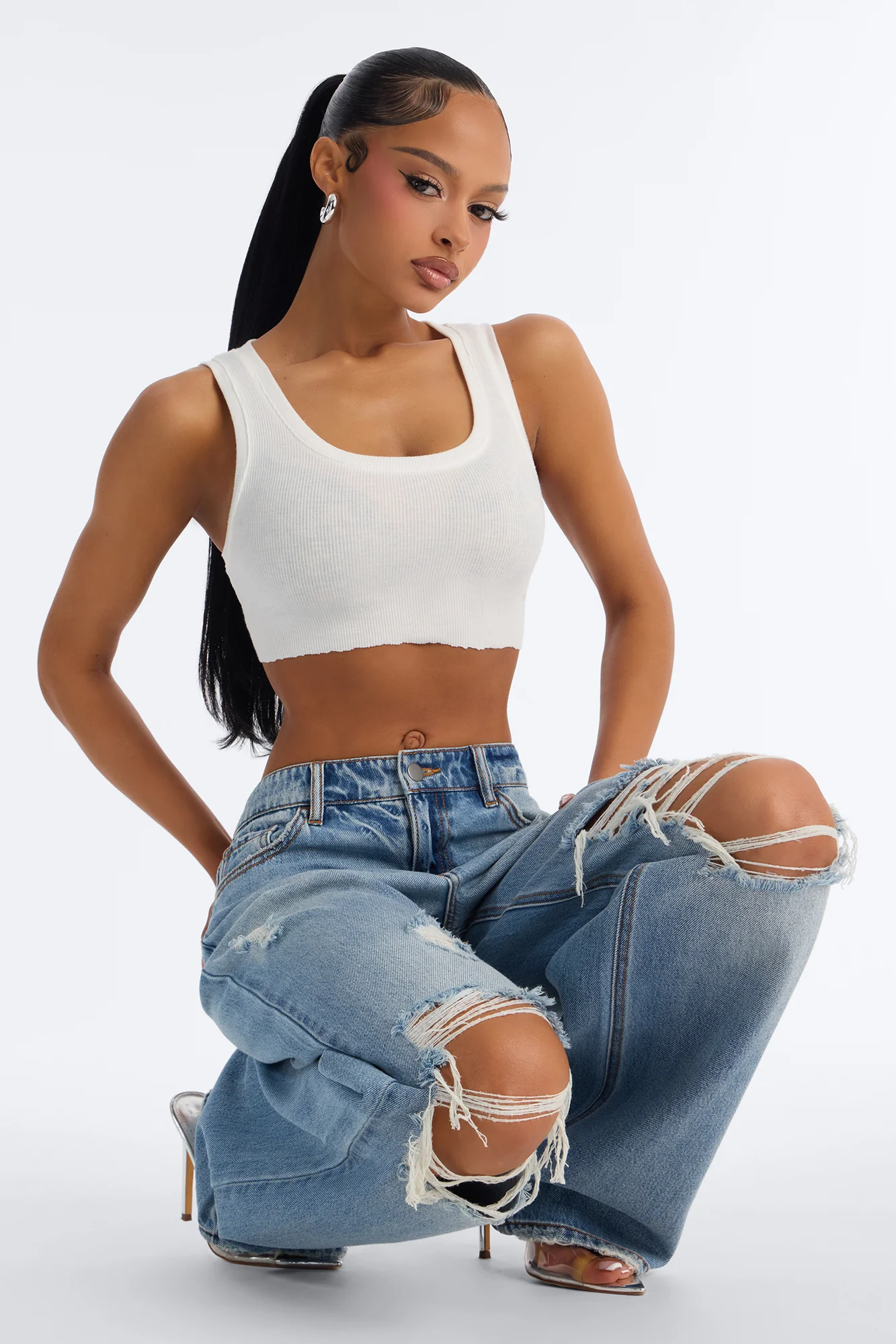 Delphine Ripped Wide Leg Jeans - Medium Wash - Image 3