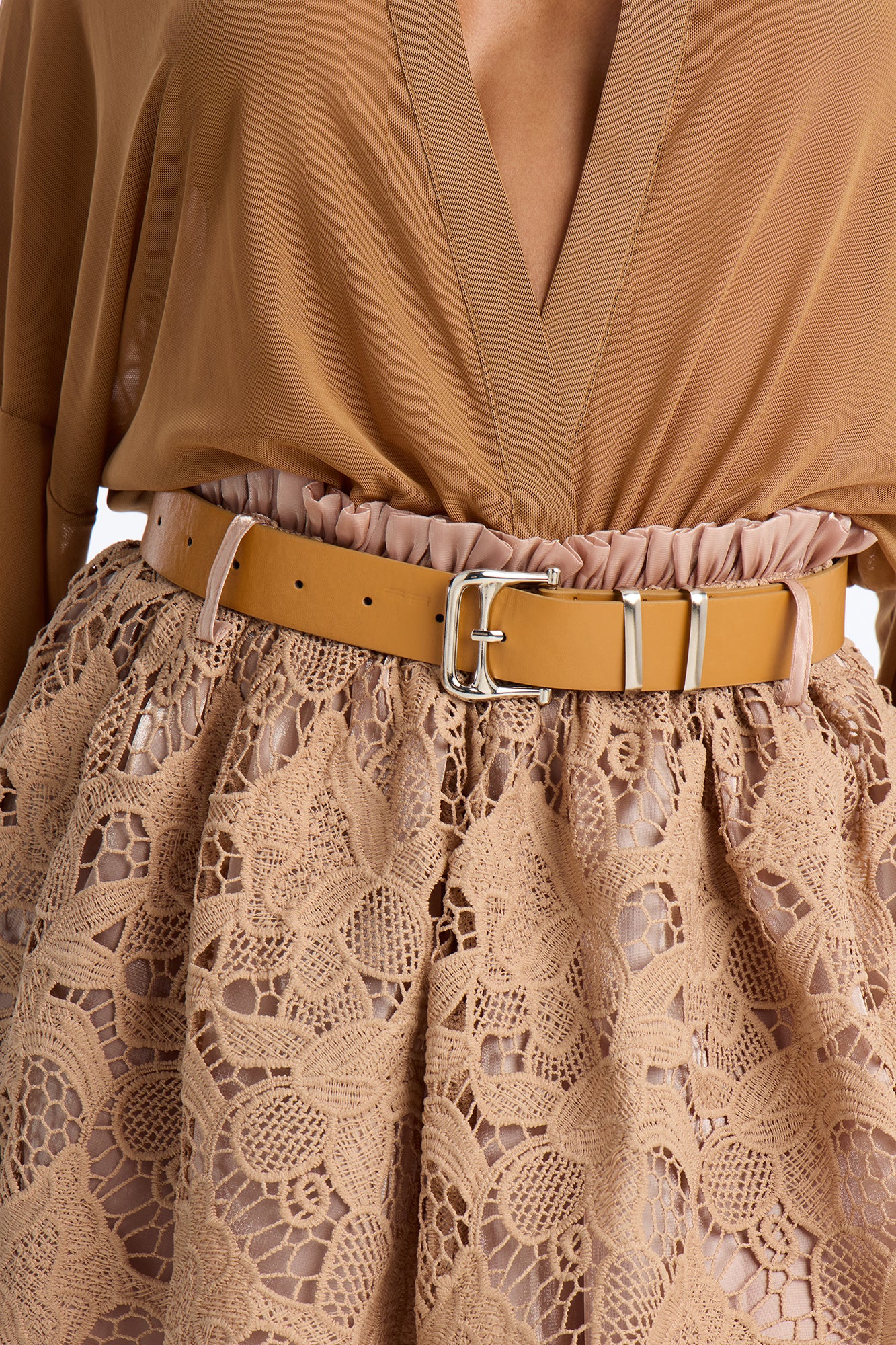 Delvina Lace Belted Mini Skirt - Beige - Image 3