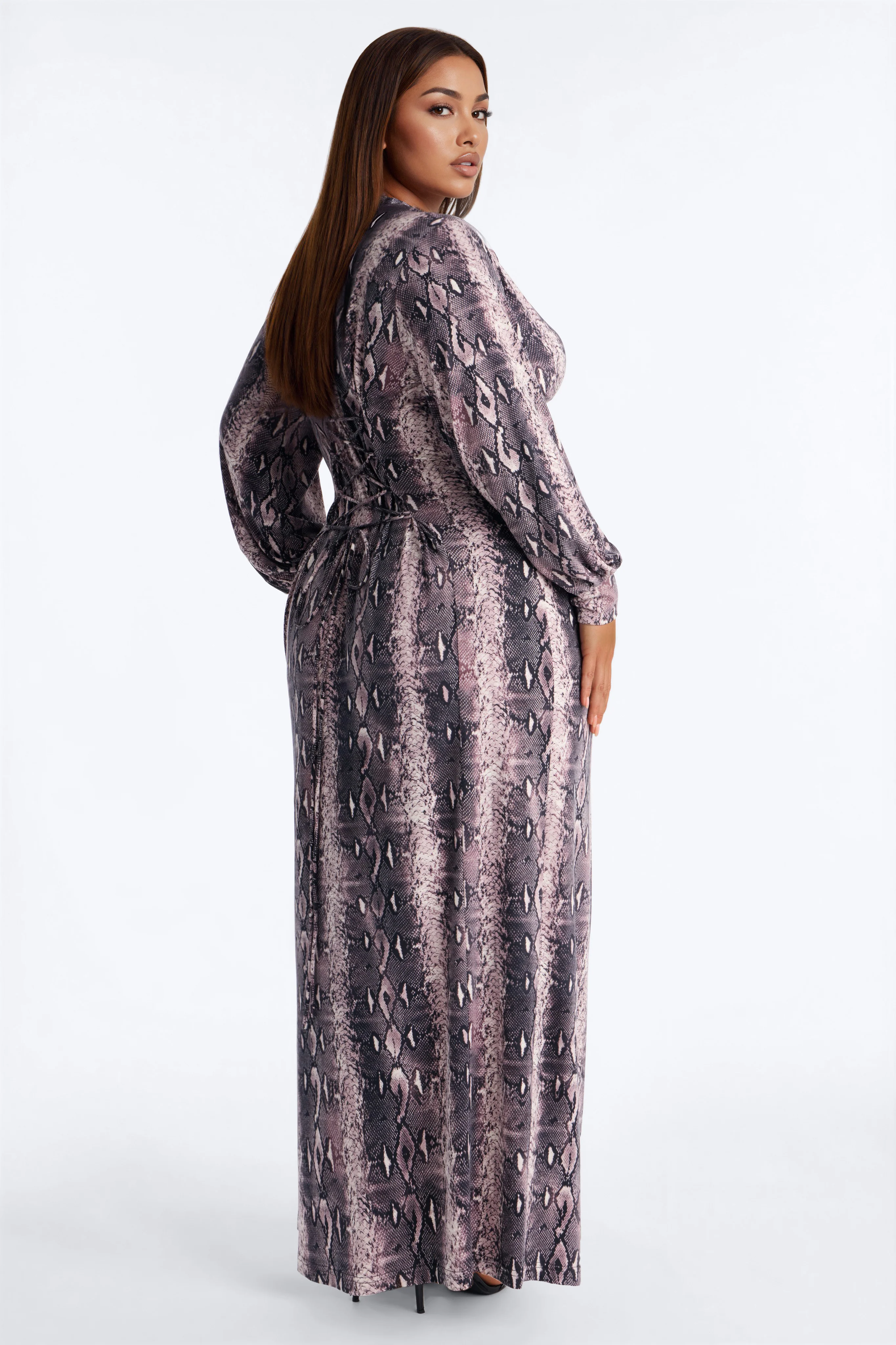 Destiney Snakeskin Long Sleeve Maxi Dress - Black/combo - Image 3