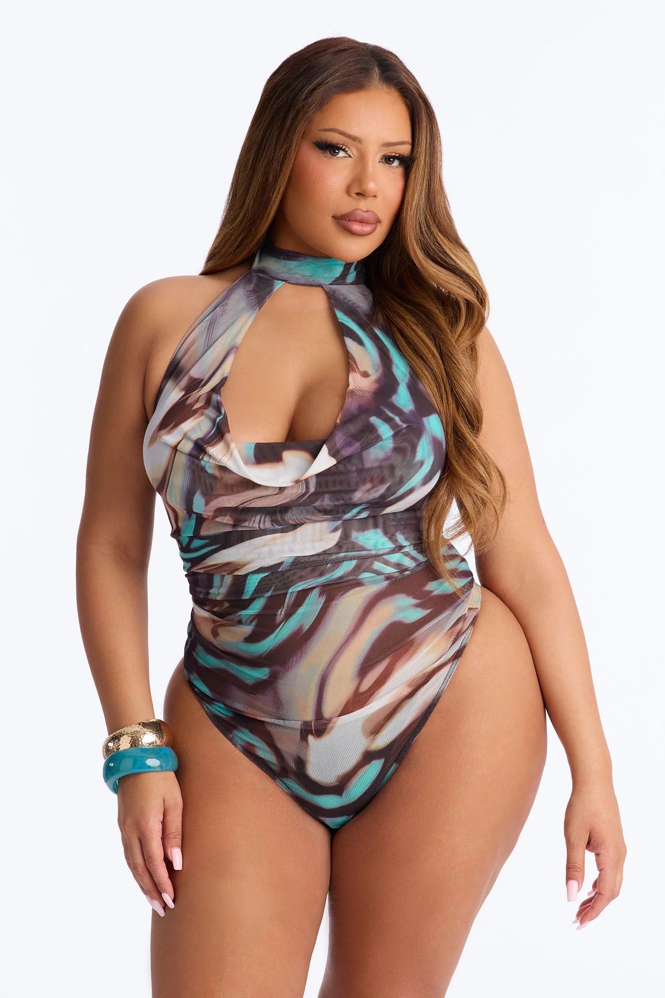 Destiny Mock Neck Cut Out Cowl Halter Bodysuit - Multi Color - Image 5