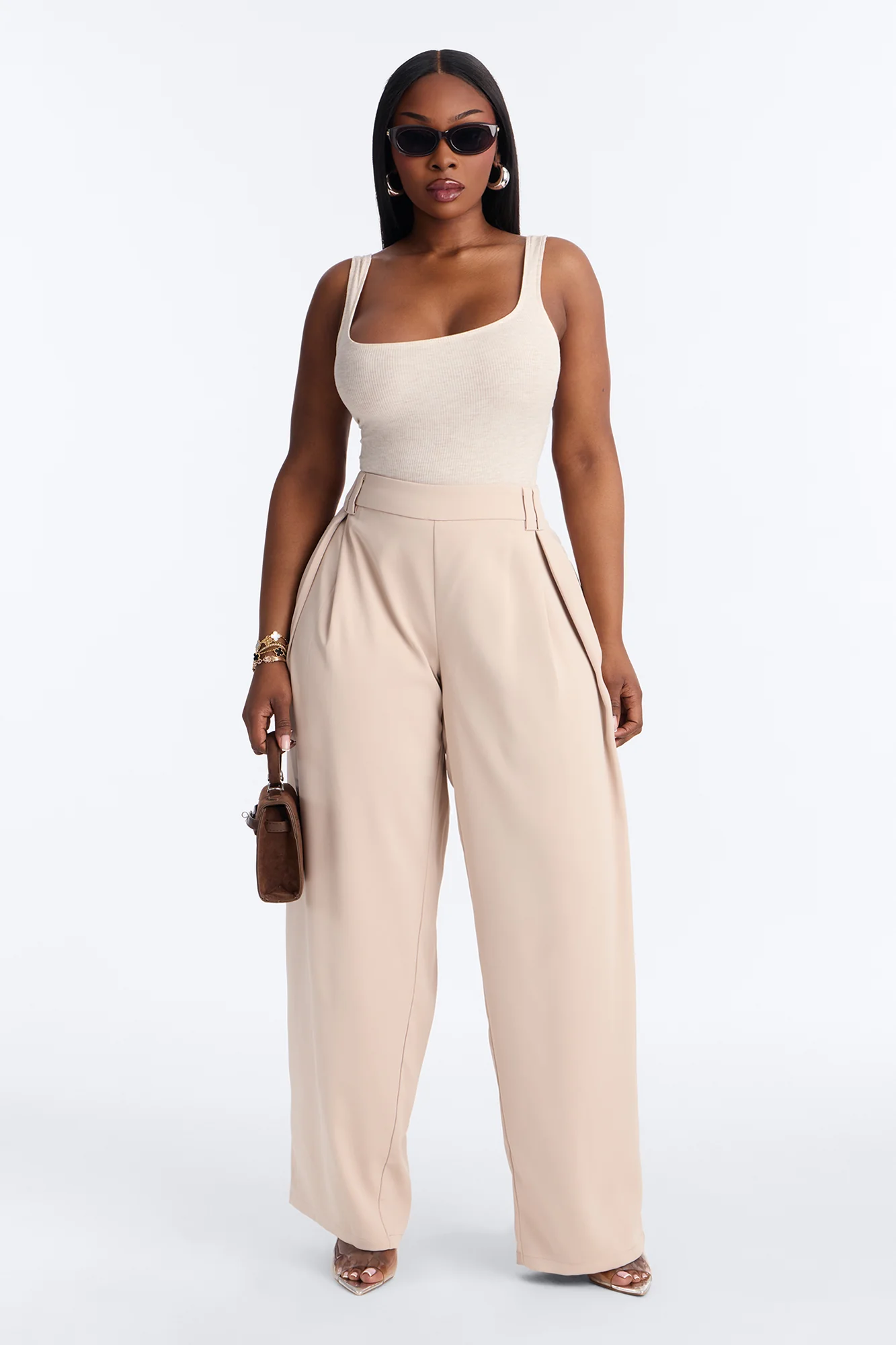 Diana Belted Wide Leg Pleated Trouser - Beige - Image 5