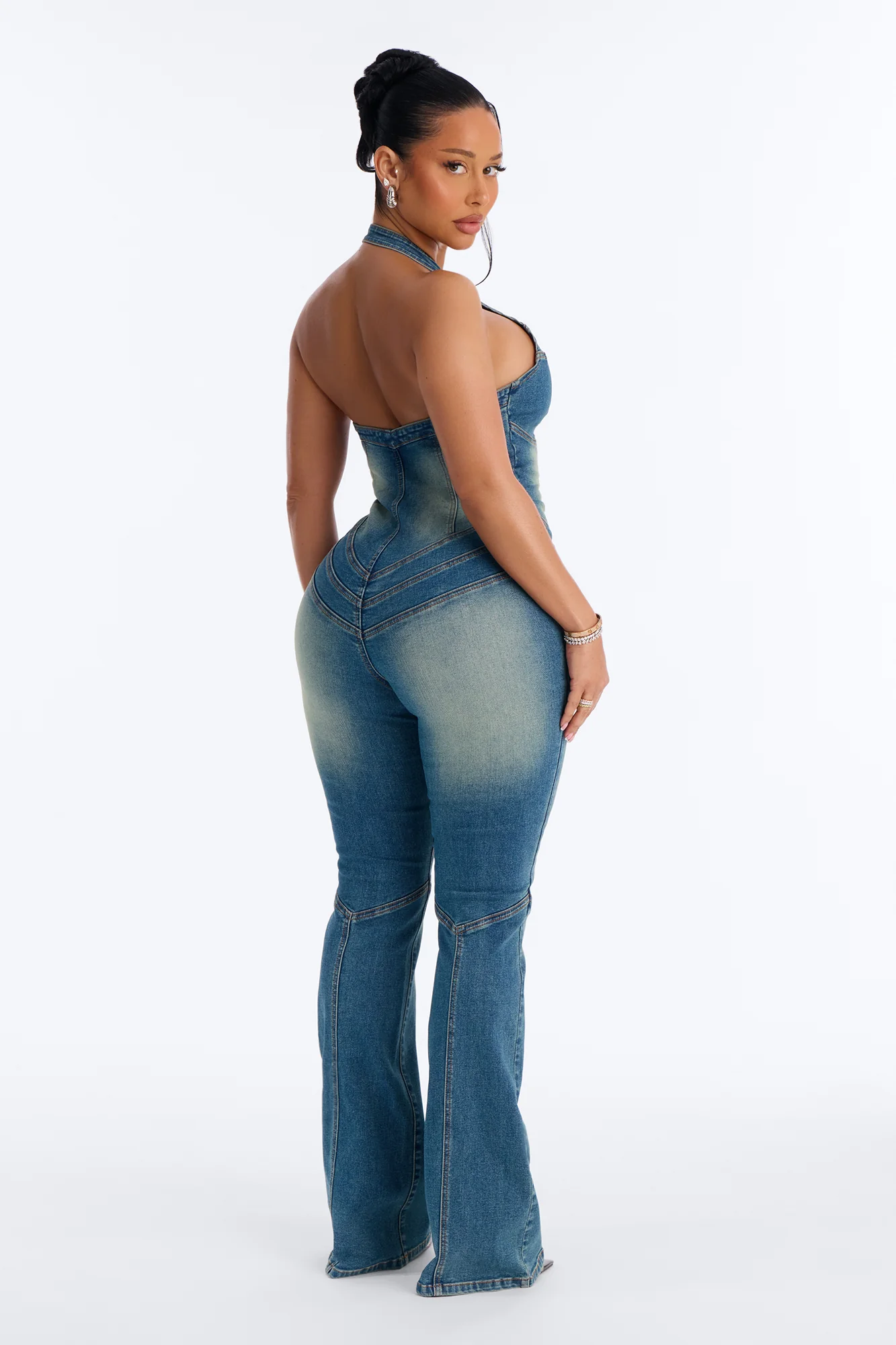 Diana Denim Washed Flare Jumpsuit - Medium Wash - Image 4