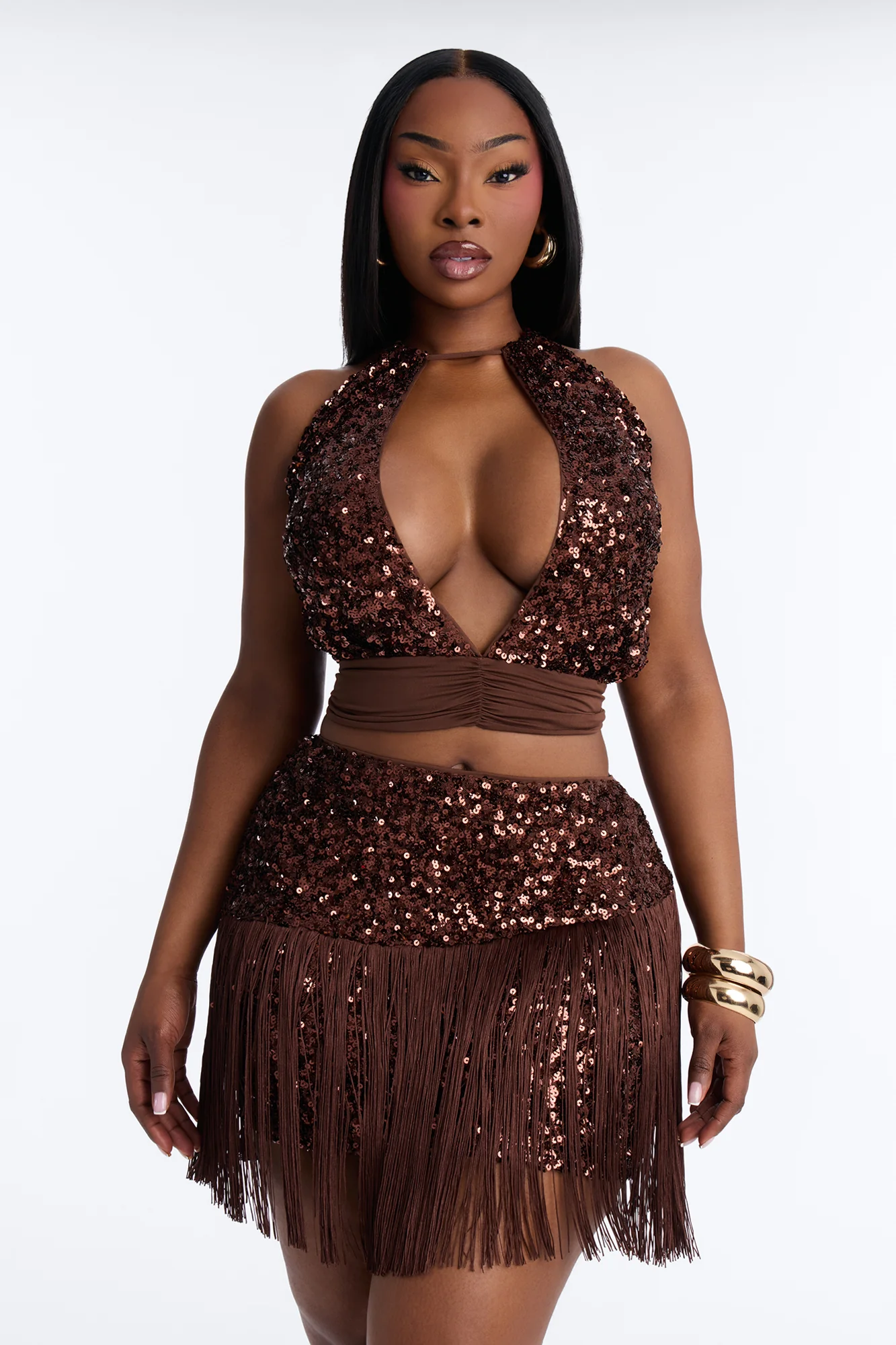 Disco Diva Fringe Sequin Mini Skirt Set - Brown - Image 6