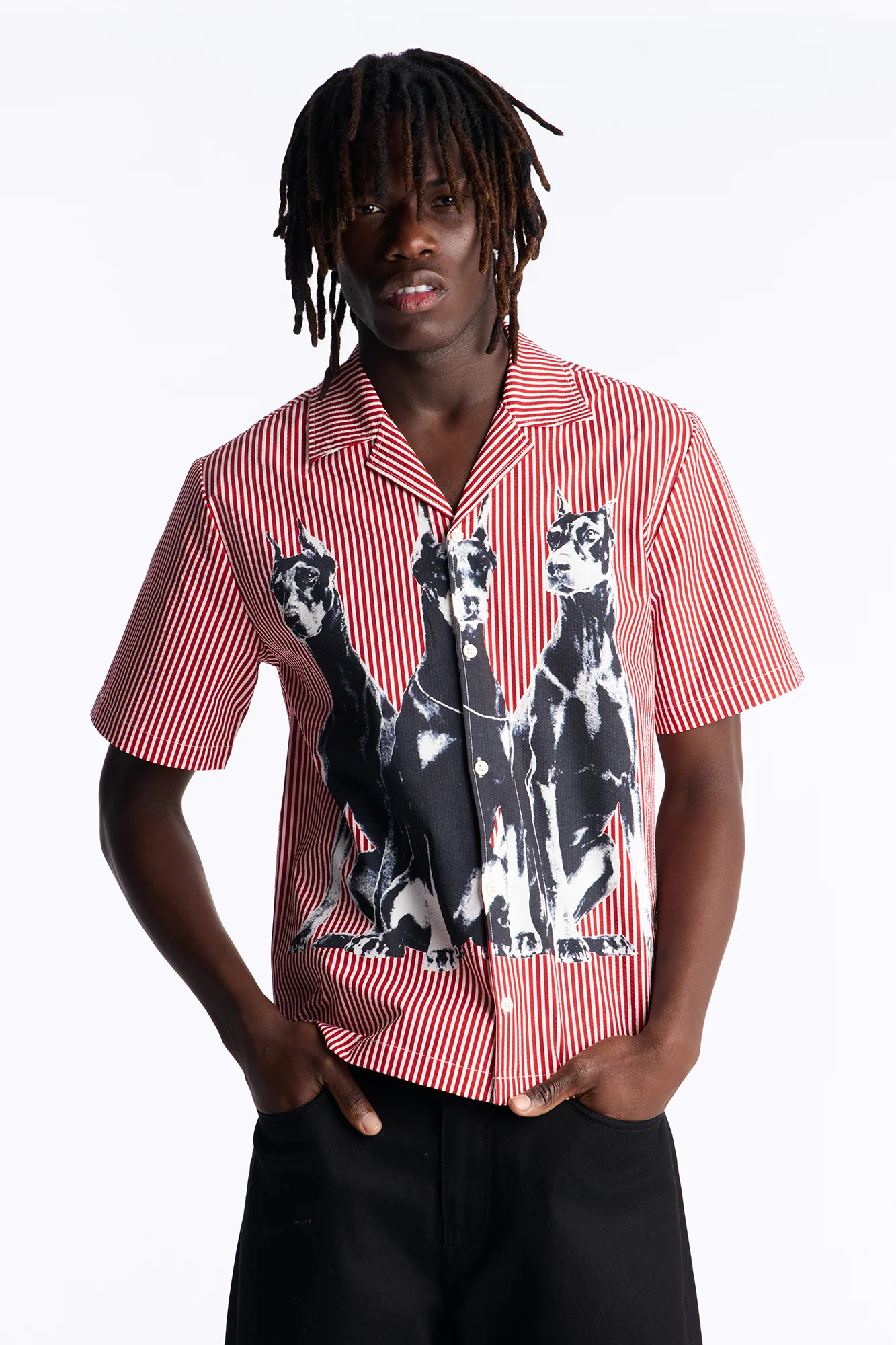 Doberman Seersucker Stripe Cuban Collar Button Up Shirt - Red/combo