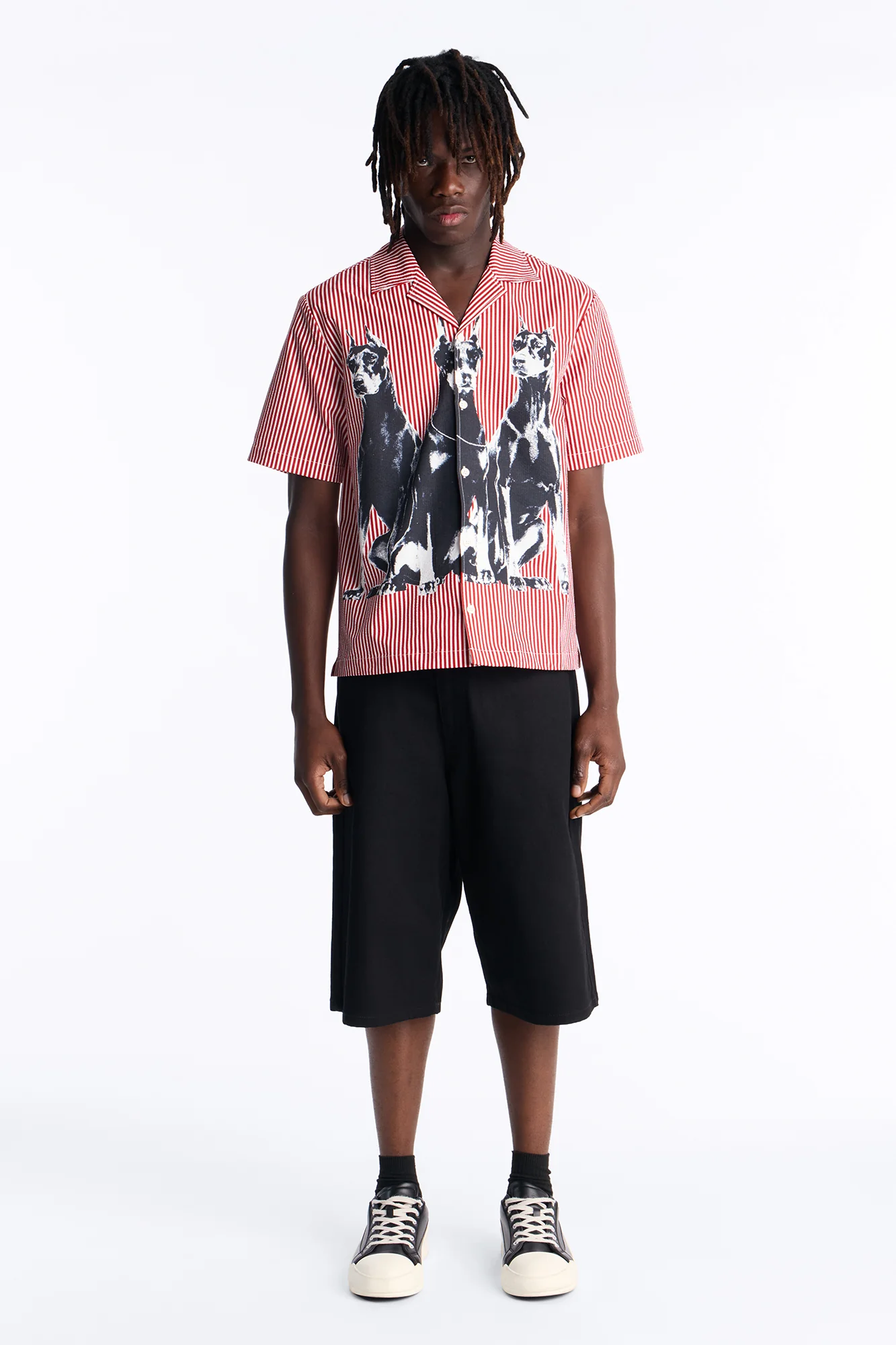 Doberman Seersucker Stripe Cuban Collar Button Up Shirt - Red/combo - Image 2