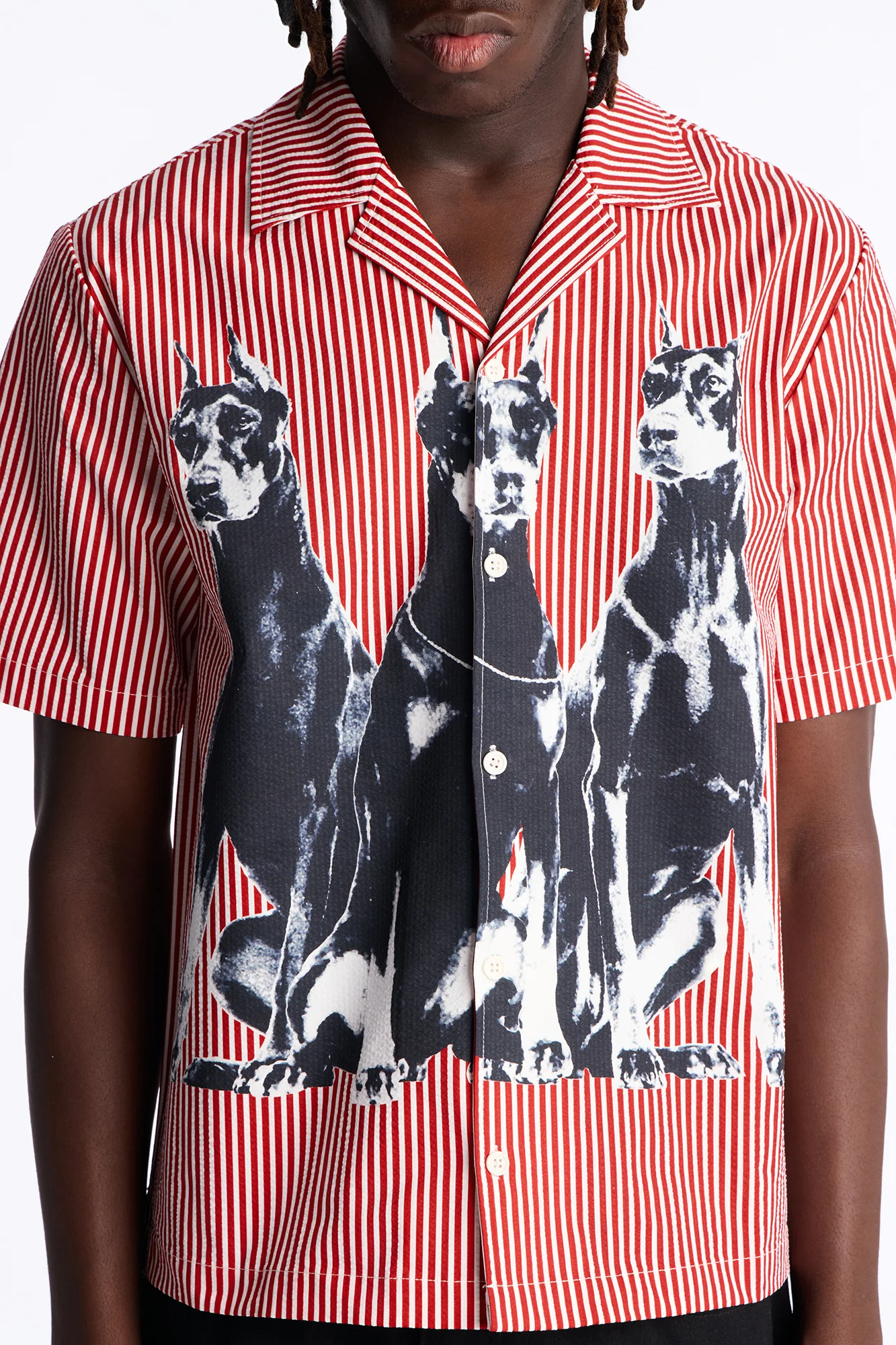 Doberman Seersucker Stripe Cuban Collar Button Up Shirt - Red/combo - Image 3
