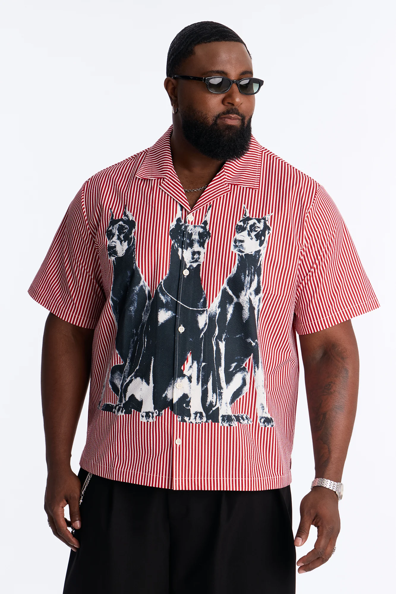 Doberman Seersucker Stripe Cuban Collar Button Up Shirt - Red/combo - Image 5