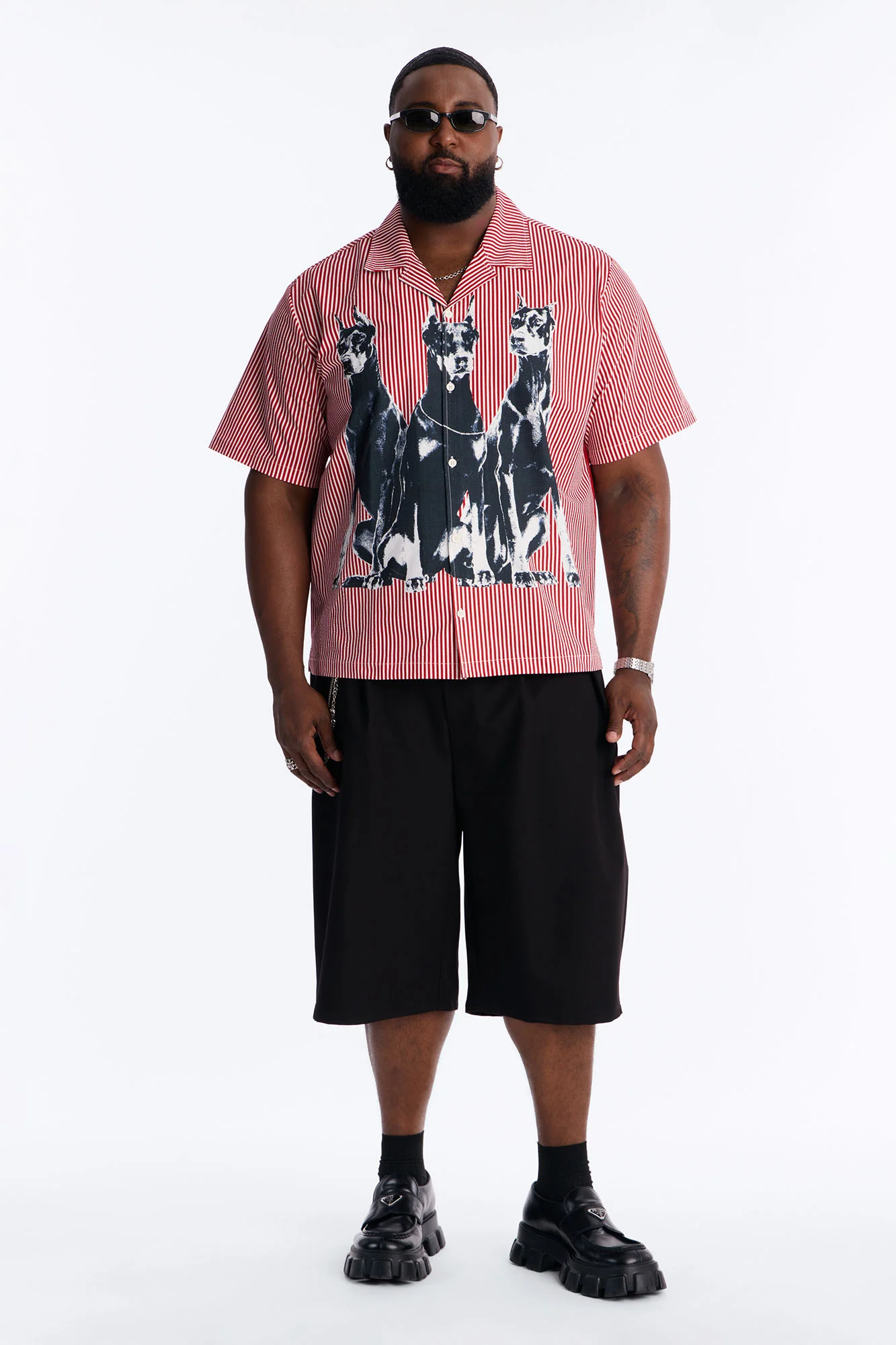 Doberman Seersucker Stripe Cuban Collar Button Up Shirt - Red/combo - Image 6