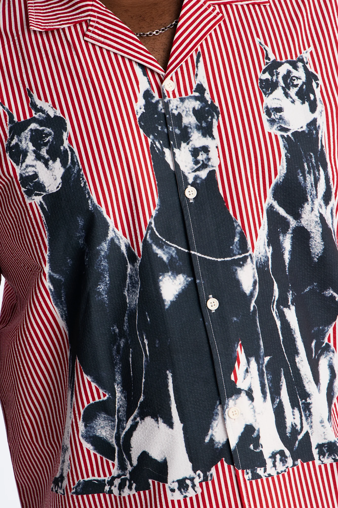 Doberman Seersucker Stripe Cuban Collar Button Up Shirt - Red/combo - Image 7