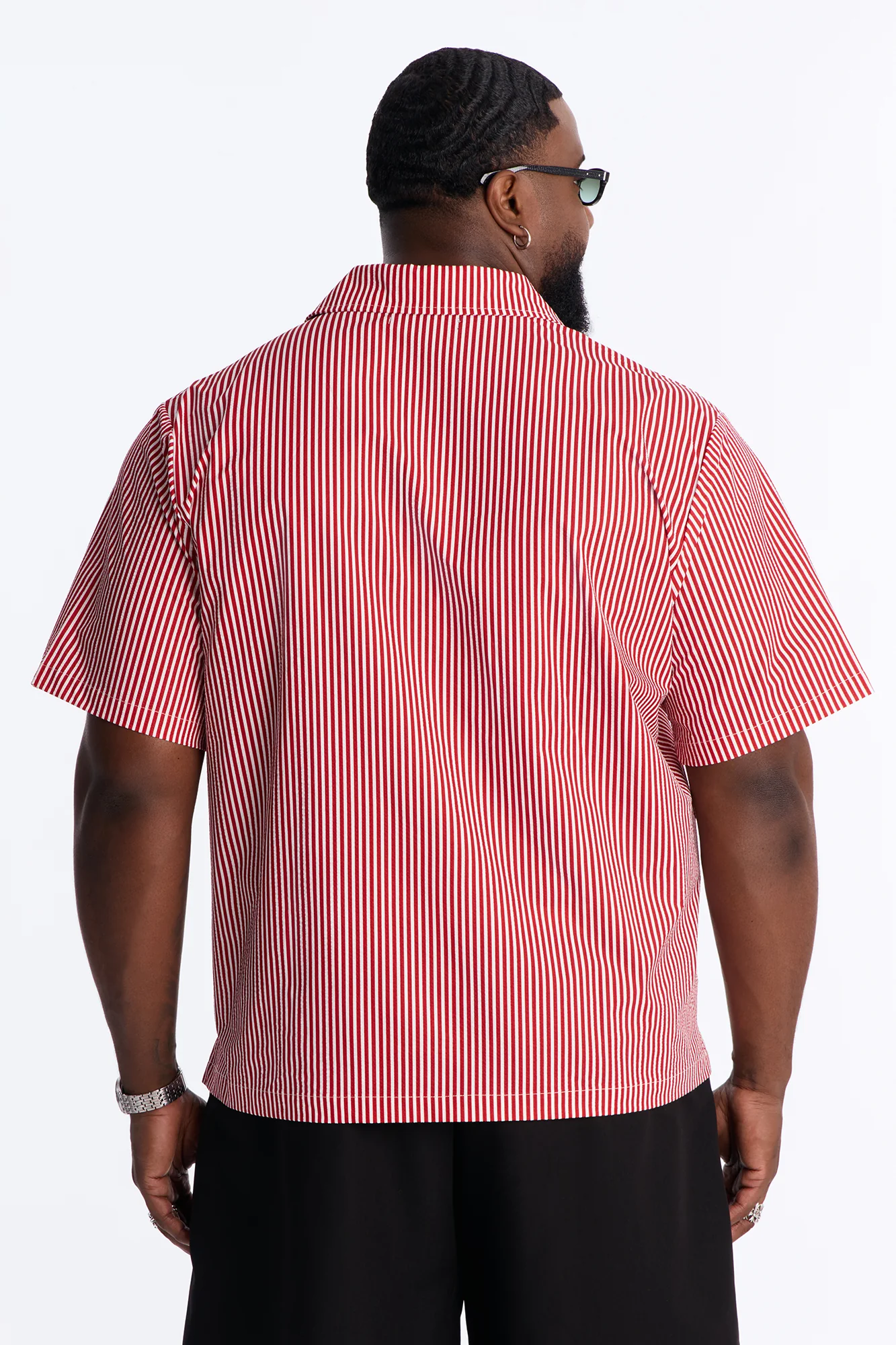Doberman Seersucker Stripe Cuban Collar Button Up Shirt - Red/combo - Image 8