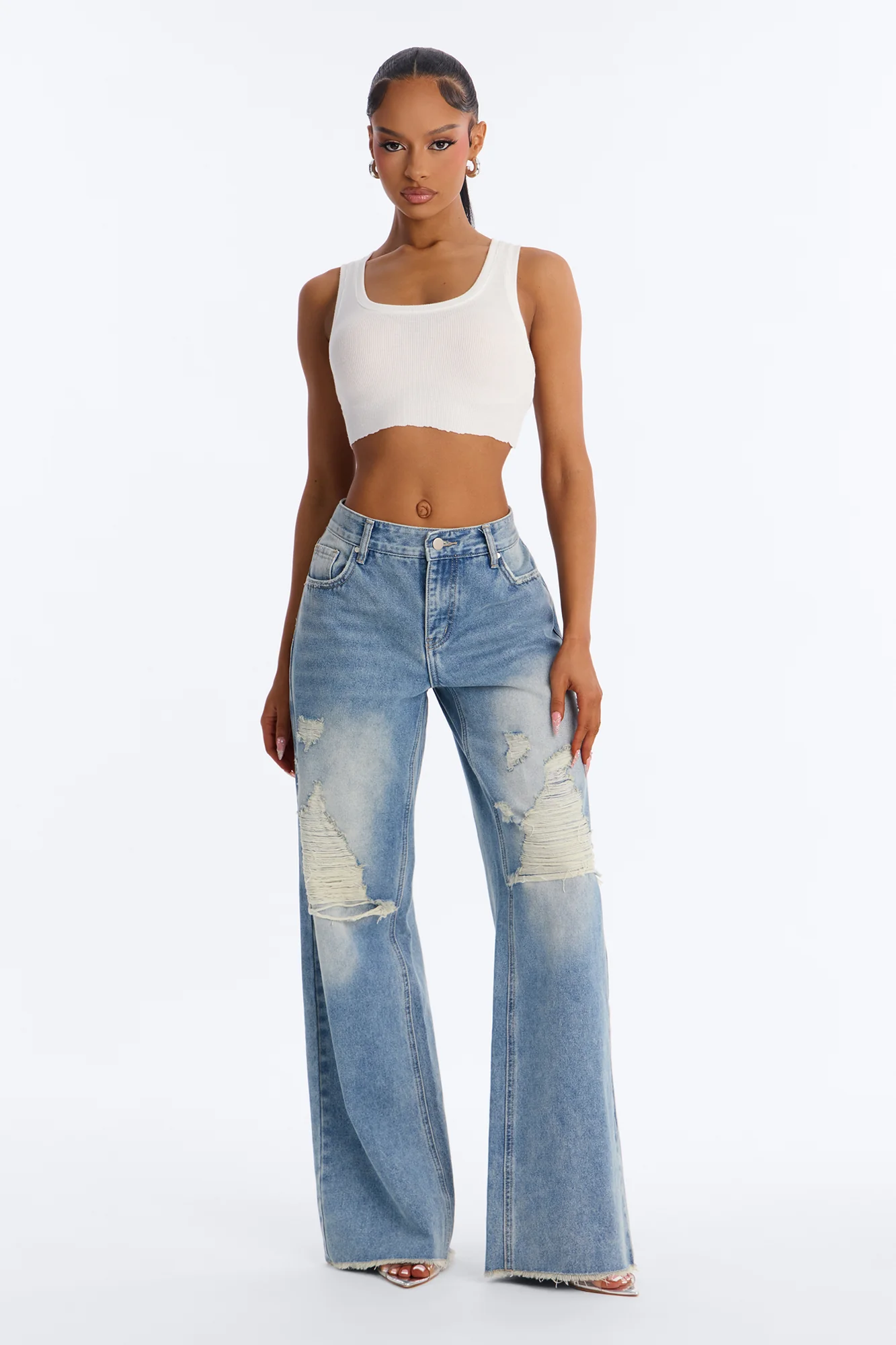 Doing My Best Ripped Non Stretch Jeans - Medium Wash - Image 2