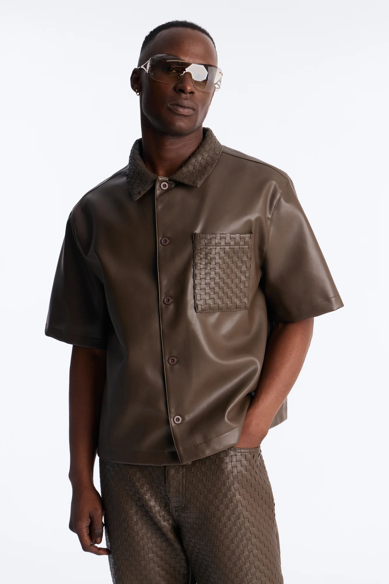Dont Cross Me Weaved Faux Leather Cropped Shirt - Brown