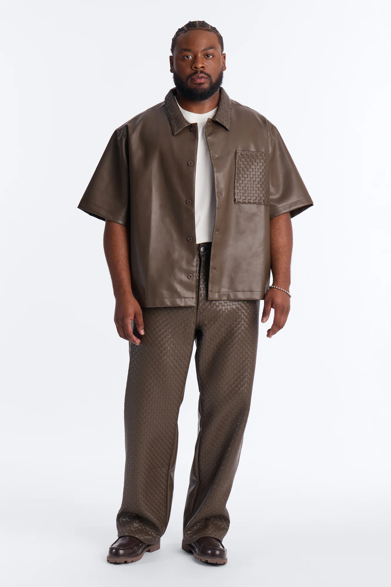 Dont Cross Me Weaved Faux Leather Cropped Shirt - Brown - Image 6