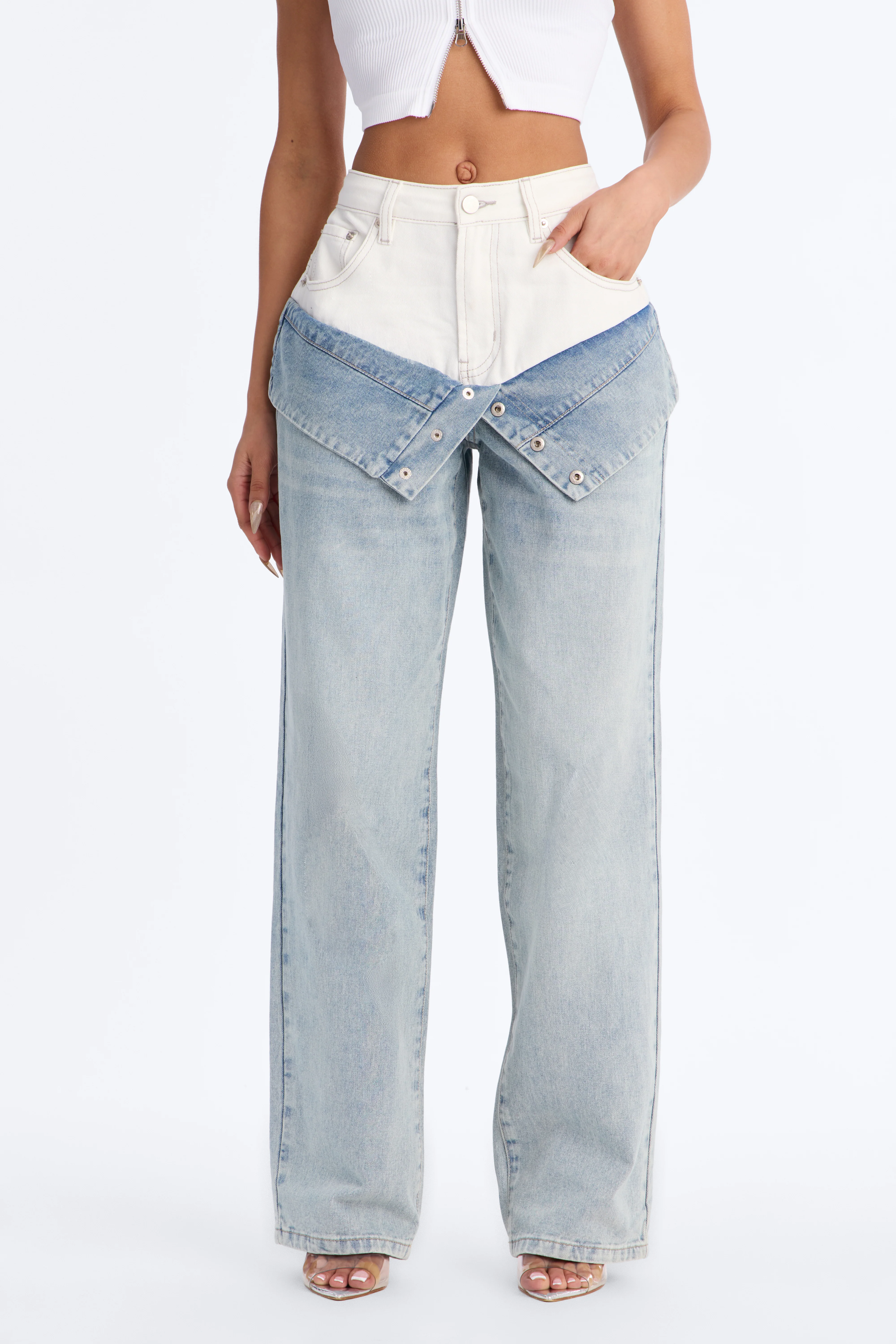Doubled Up Contrast Denim Foldover Straight Leg Jeans - Light Wash - Image 2
