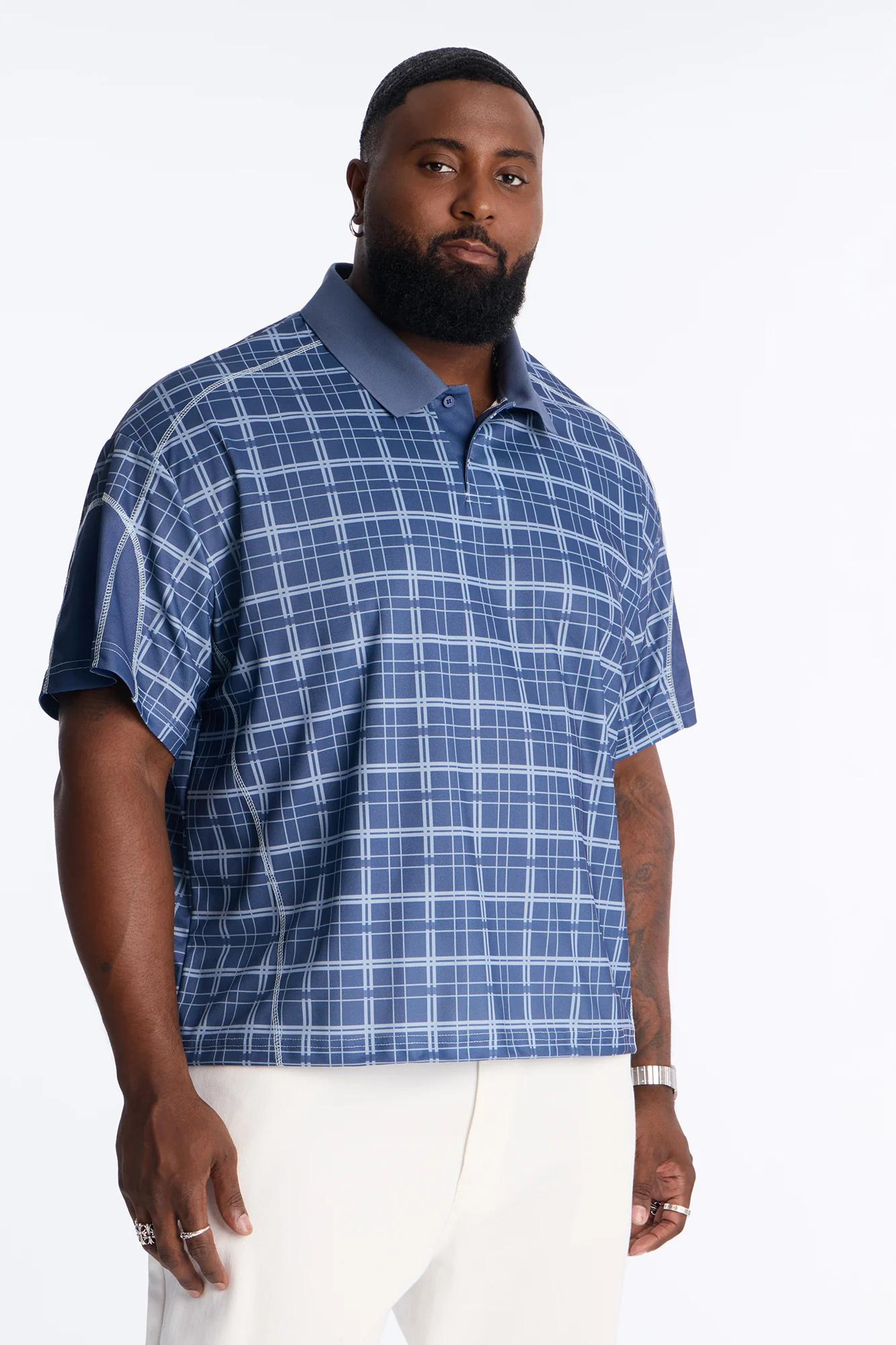 Downtown Plaid Relaxed Johnny Collar Polo - Navy - Image 6