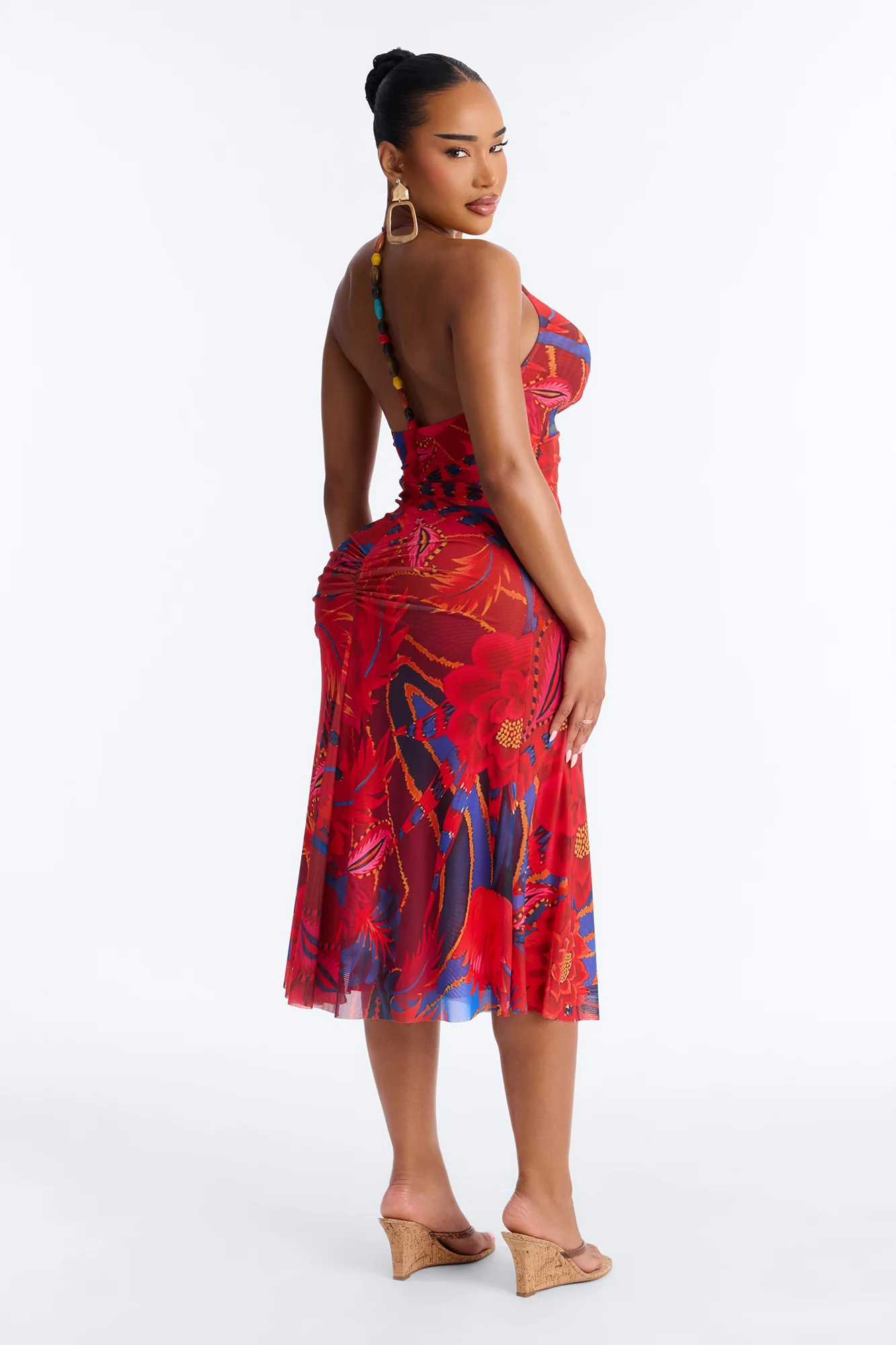 Draya Floral Mesh Midi Dress - Red/combo - Image 3