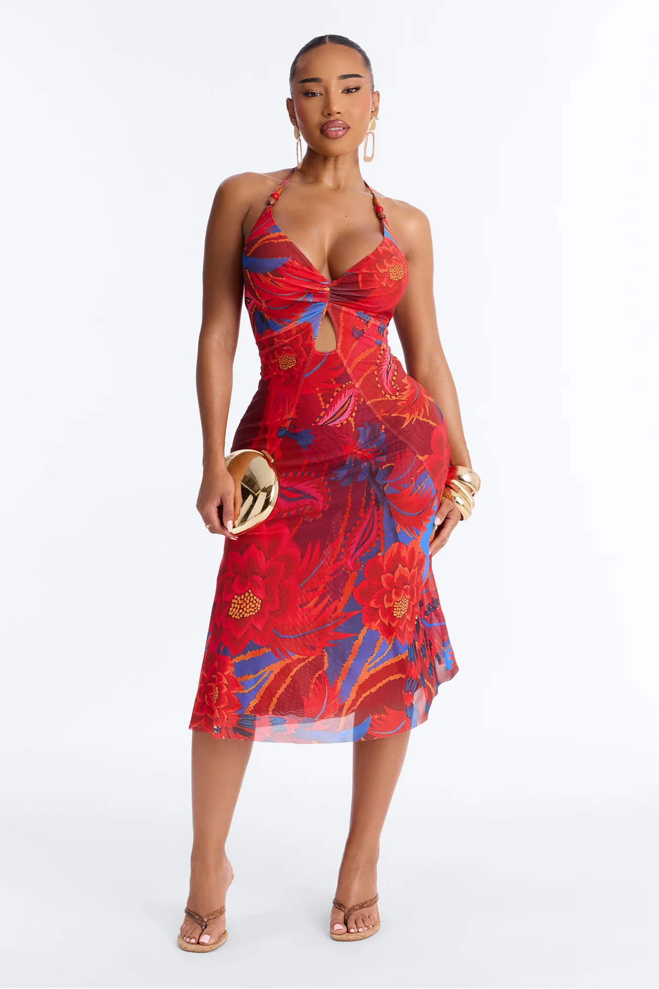 Draya Floral Mesh Midi Dress - Red/combo - Image 4