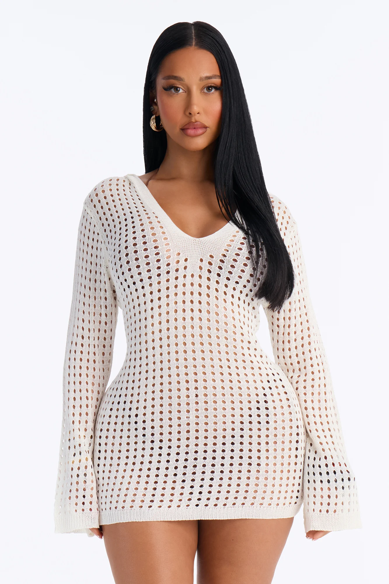 Drea Crochet Long Sleeve Cover Up Dress - White