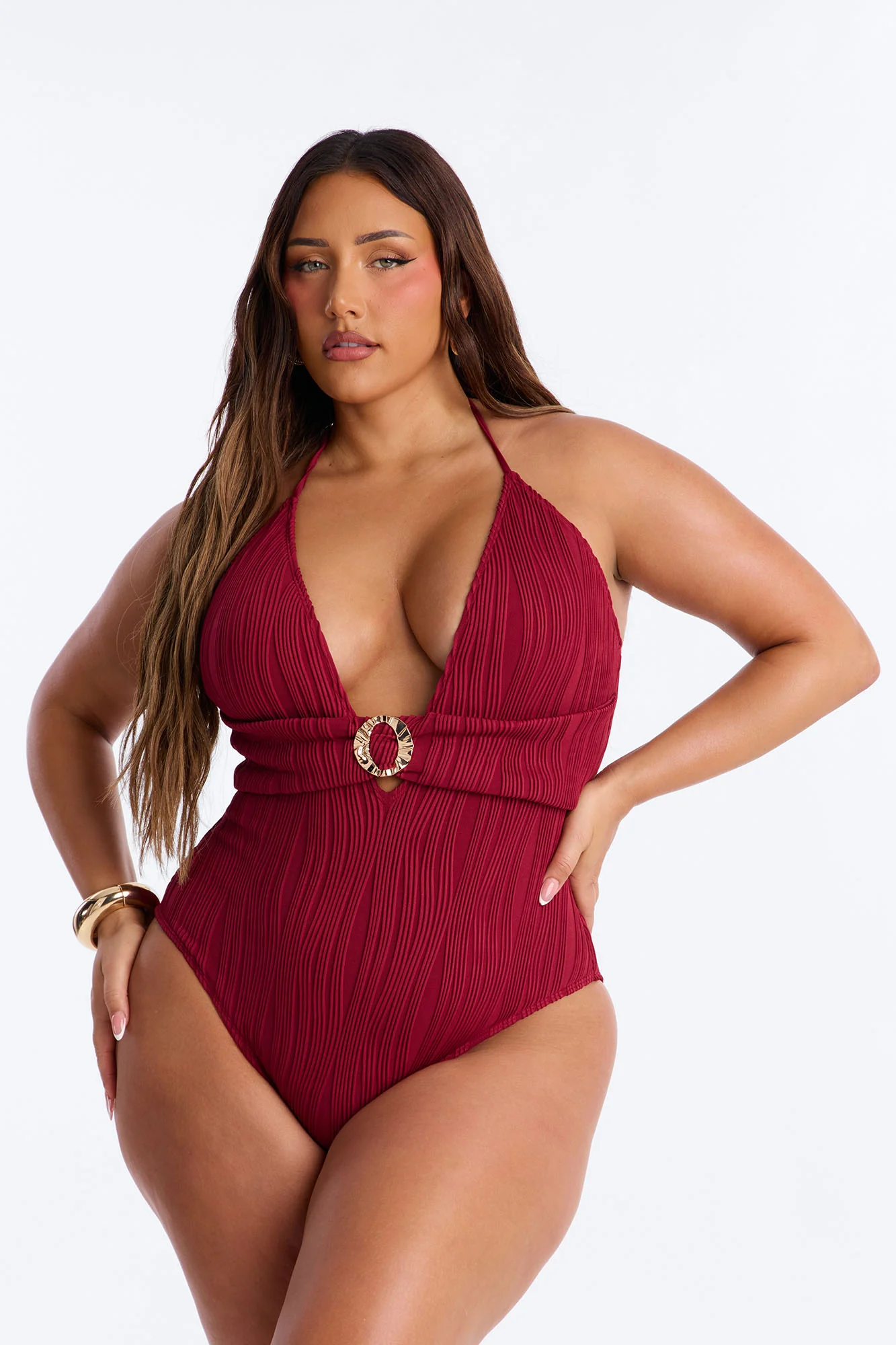 Dream Doll Textured 1 Piece Plunge Neck Swimsuit - Burgundy - Image 4