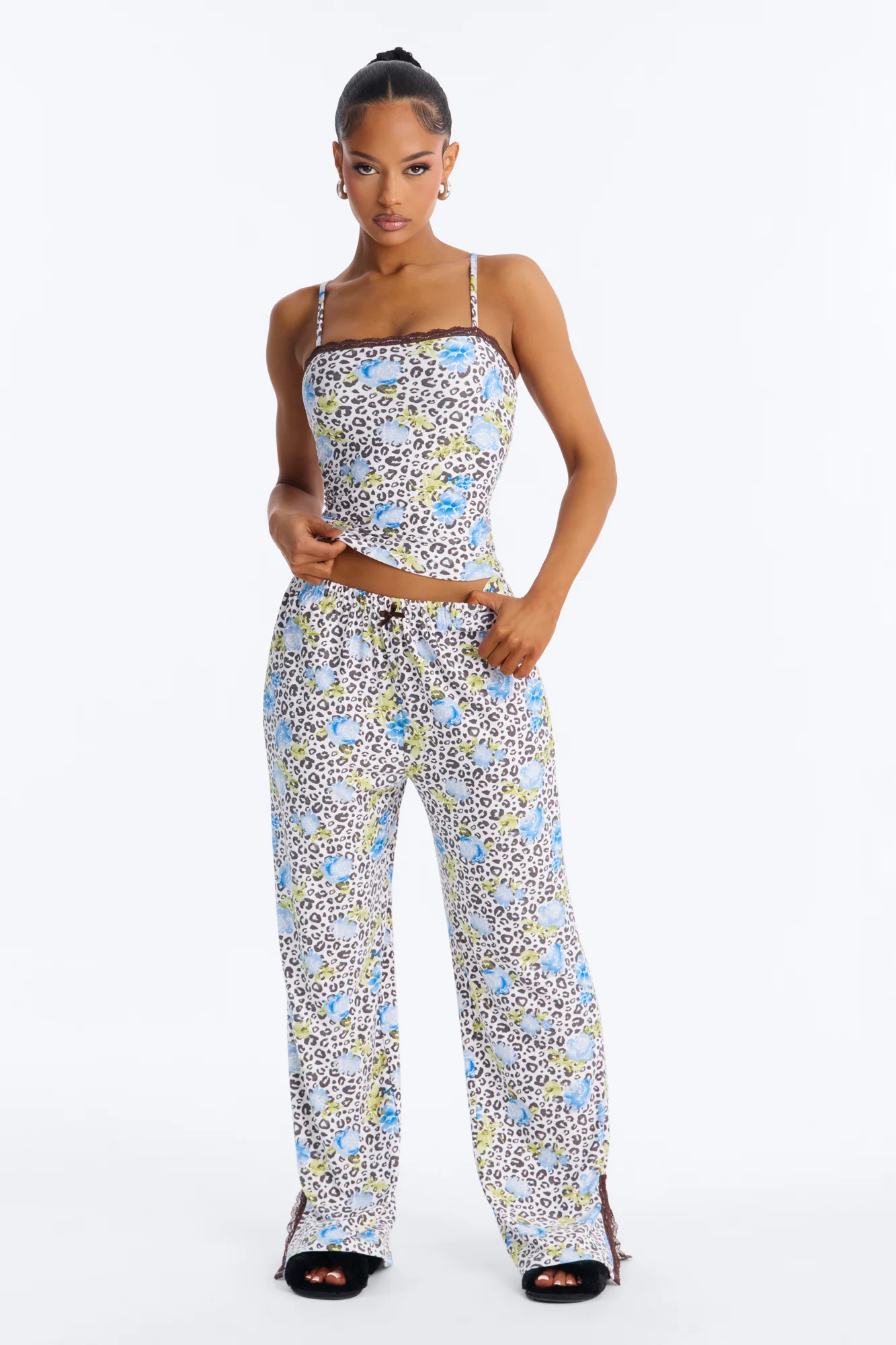Dreamy And Chic Cheetah Floral Cami PJ Pant Set - Blue/combo