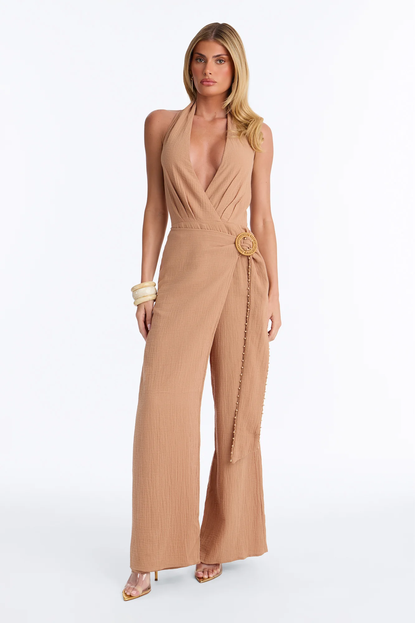 Drift With Me Halter Airflow Jumpsuit - Tan