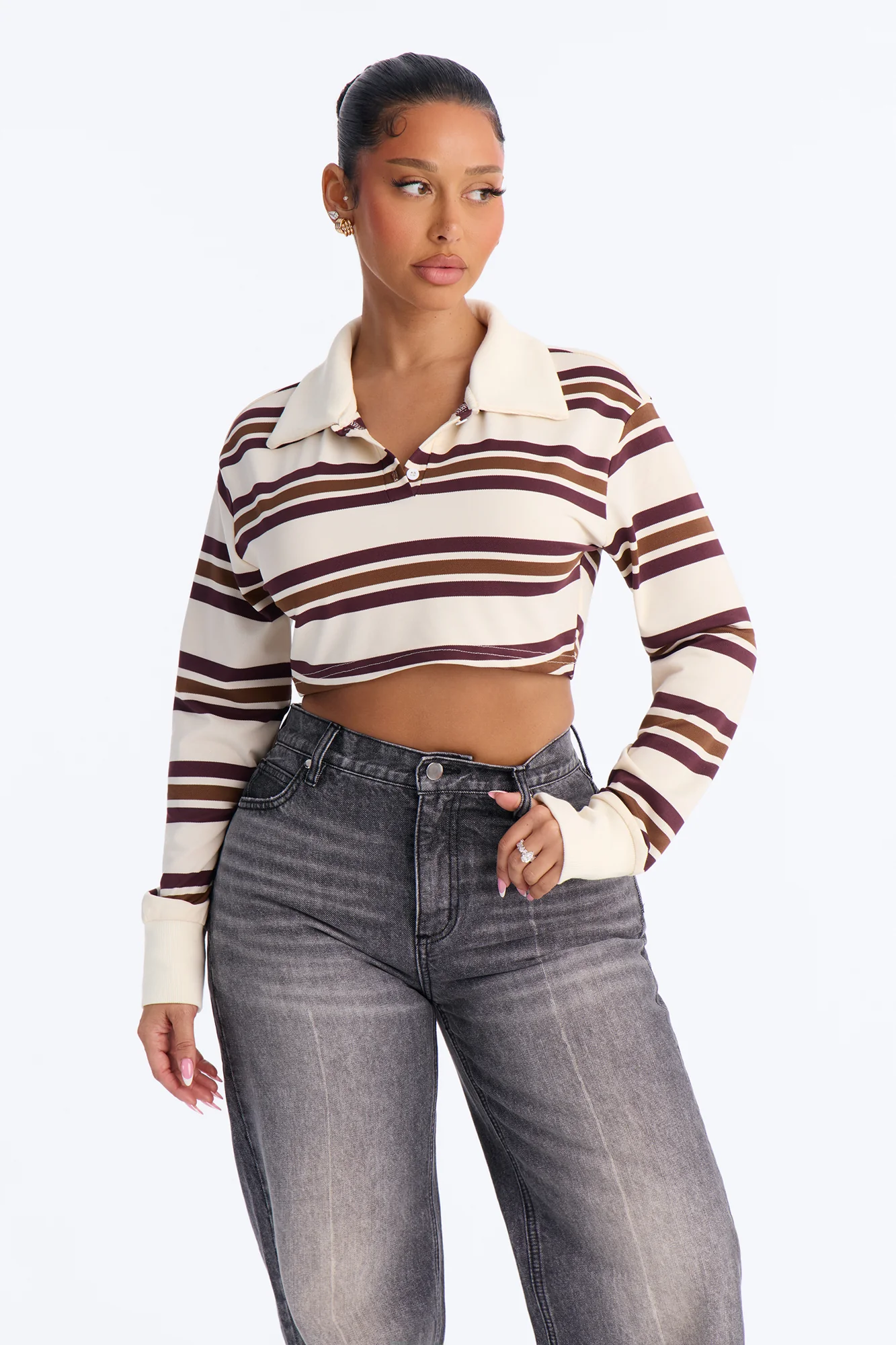 Easy Days Striped Cropped Polo Top - Cream/combo