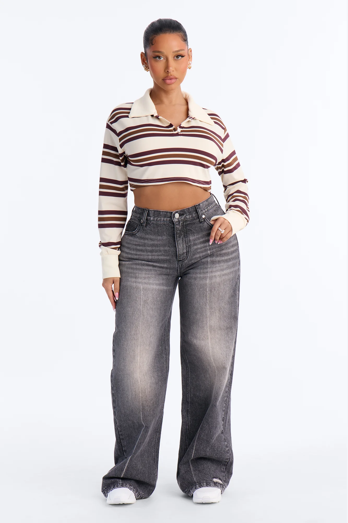 Easy Days Striped Cropped Polo Top - Cream/combo - Image 2