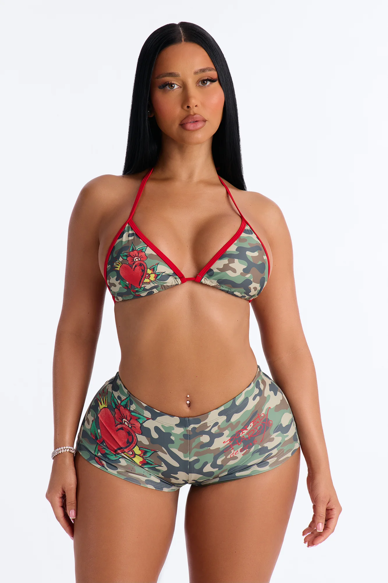 Ed Hardy Camo Hearts Boyshort 2 Piece Bikini - Olive/combo