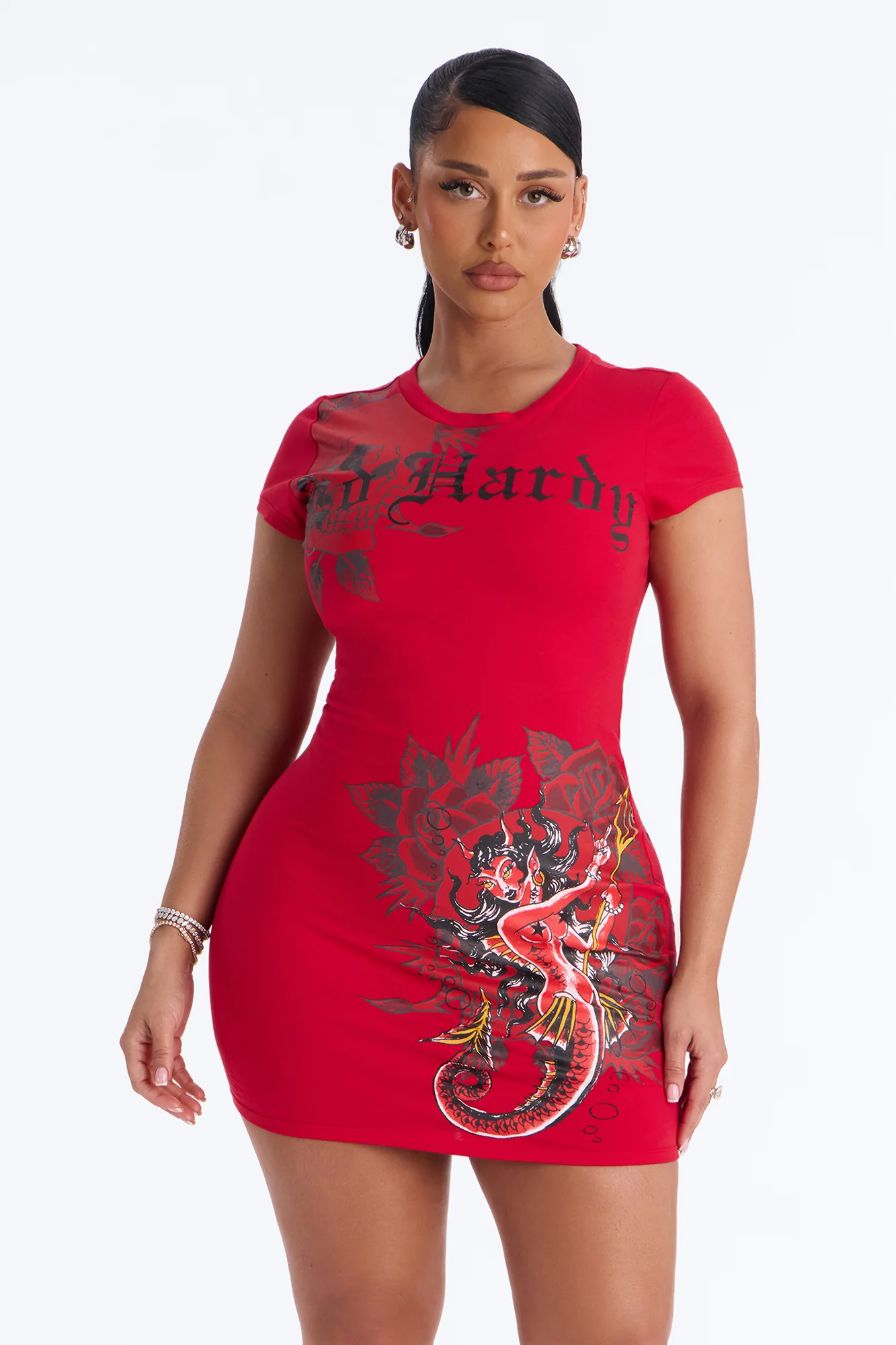 Ed Hardy Mermaid Girl TShirt Mini Dress - Red - Image 2