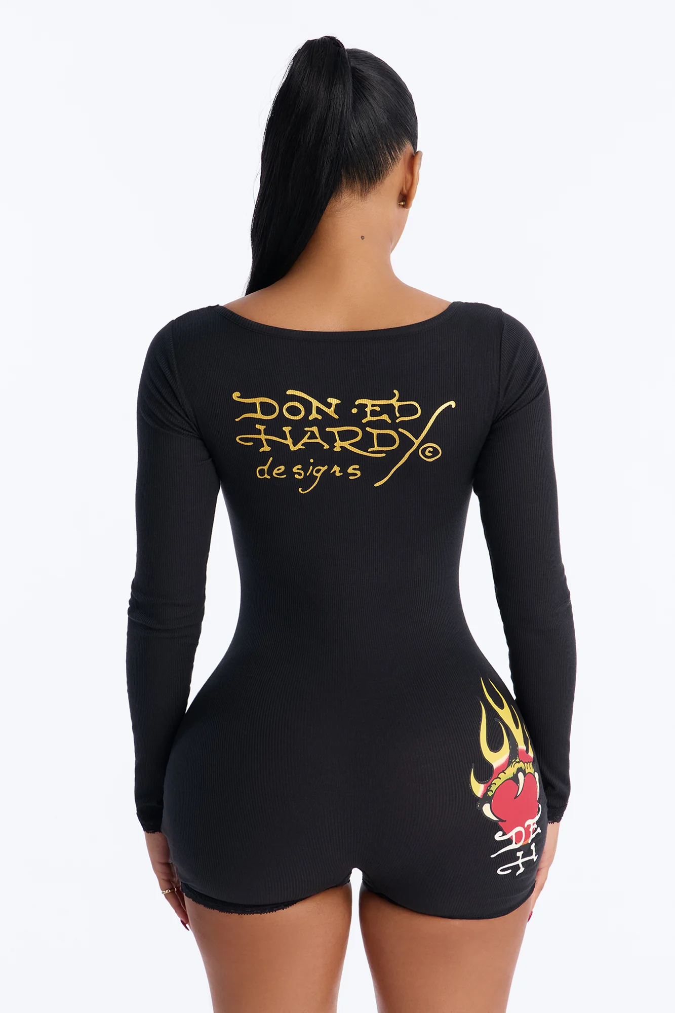 Ed Hardy Sacred Heart Long Sleeve Romper - Black - Image 3