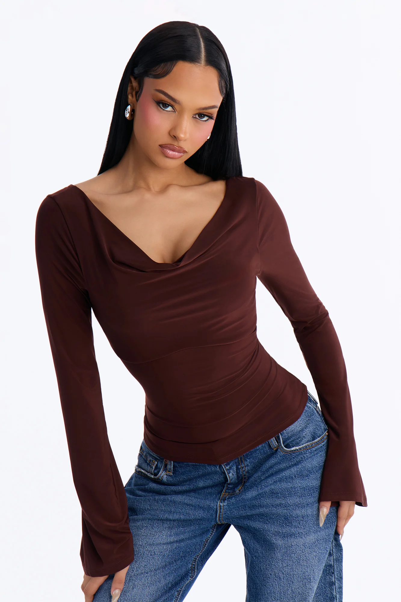 Effortless Babe Cowl Neck Bell Sleeve Top - Chocolate