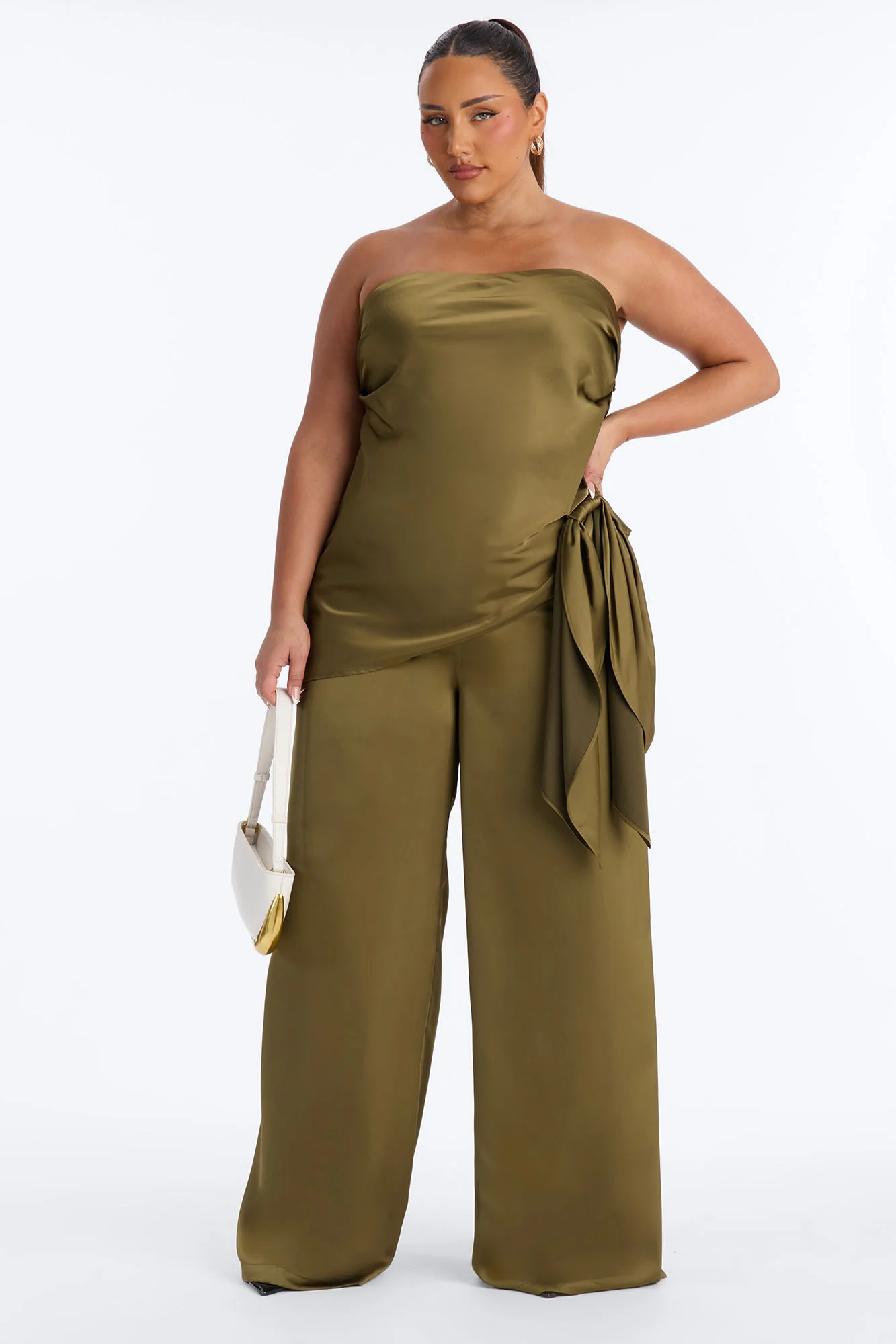 Effortless Strapless Satin Pant Set - Olive - Image 4