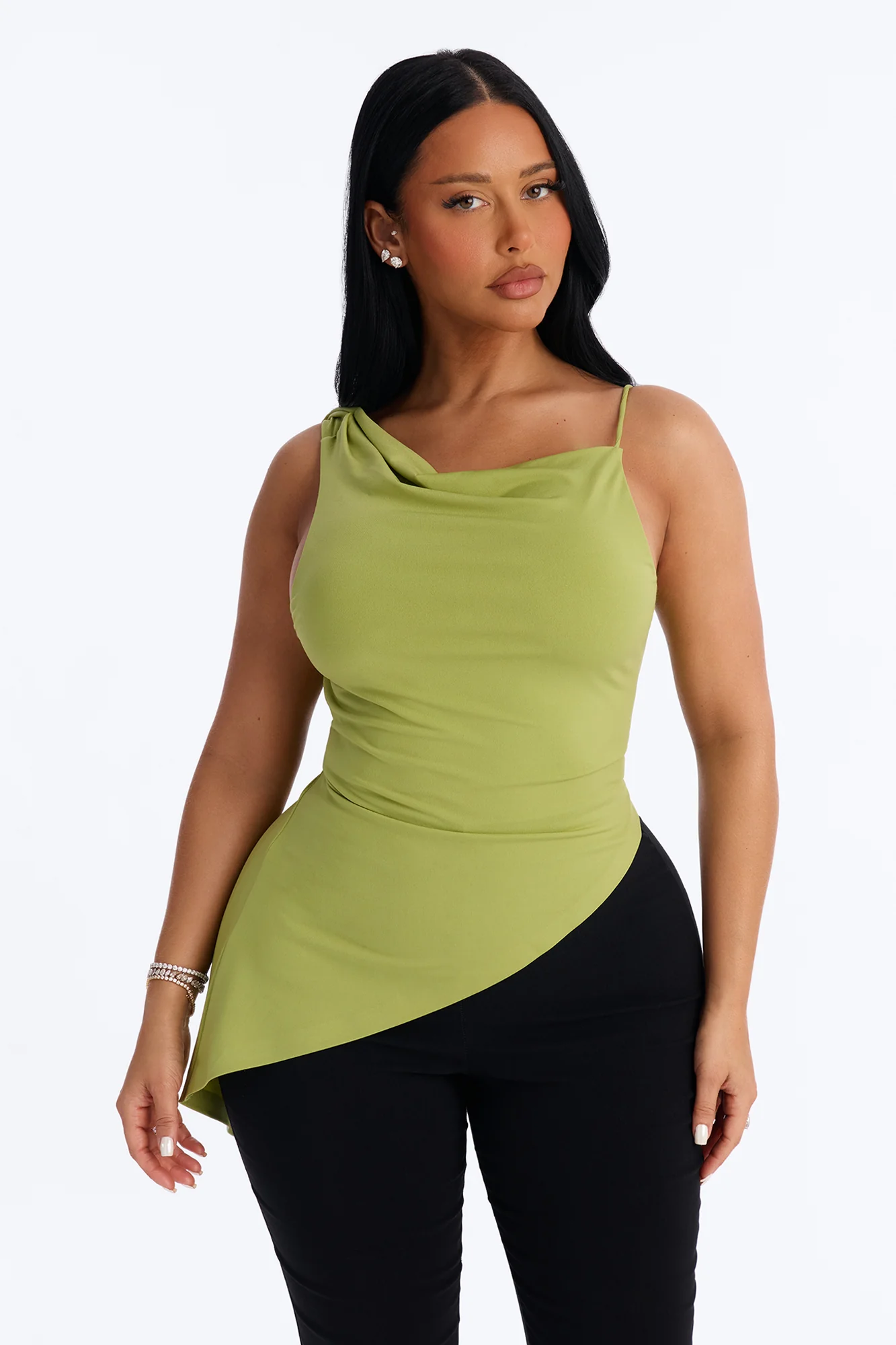 Elara Asymmetrical Twist Sleeveless Long Top - Chartreuse