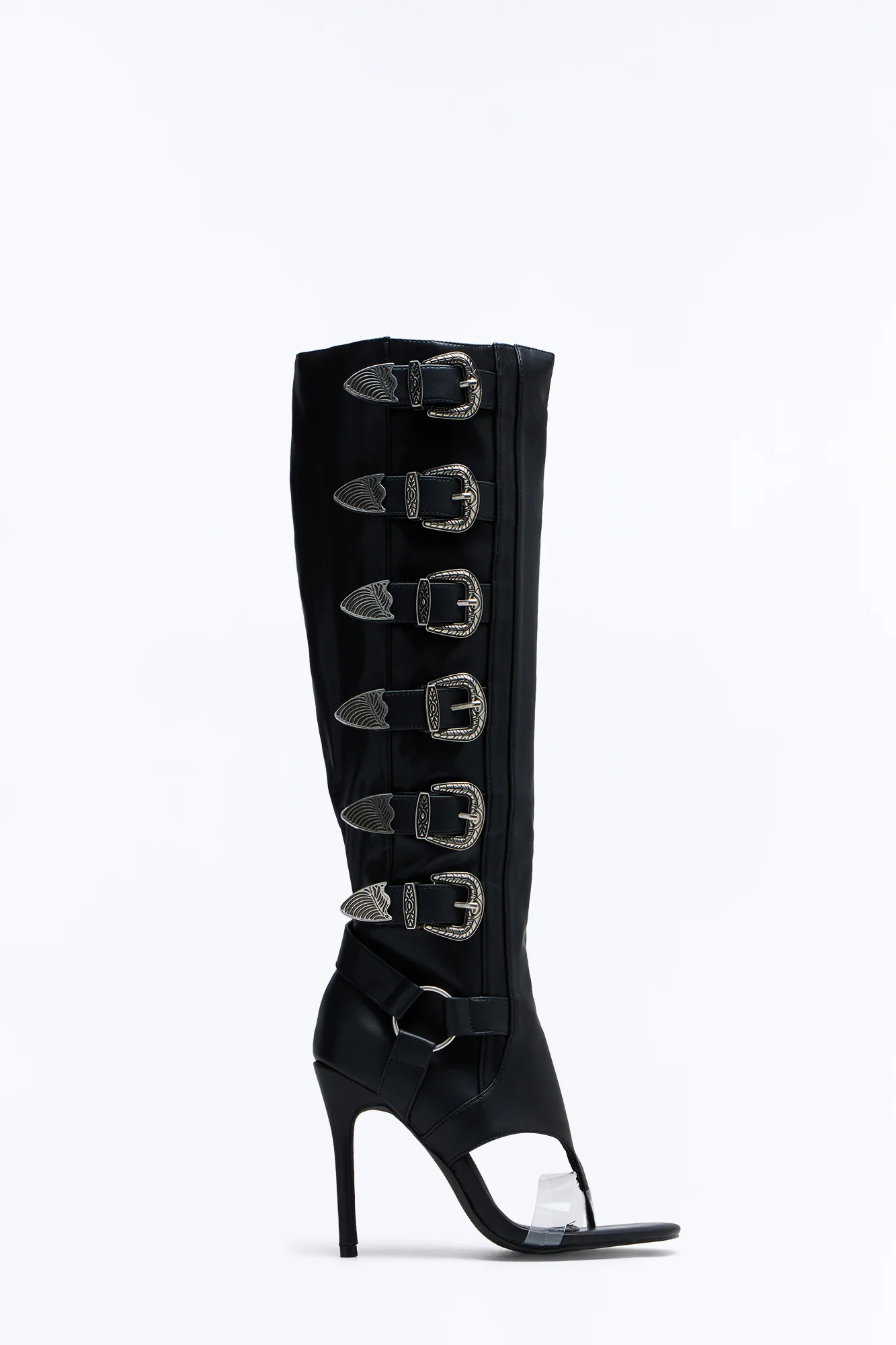 Elarah Buckle Knee High Thong Boots - Black - Image 3