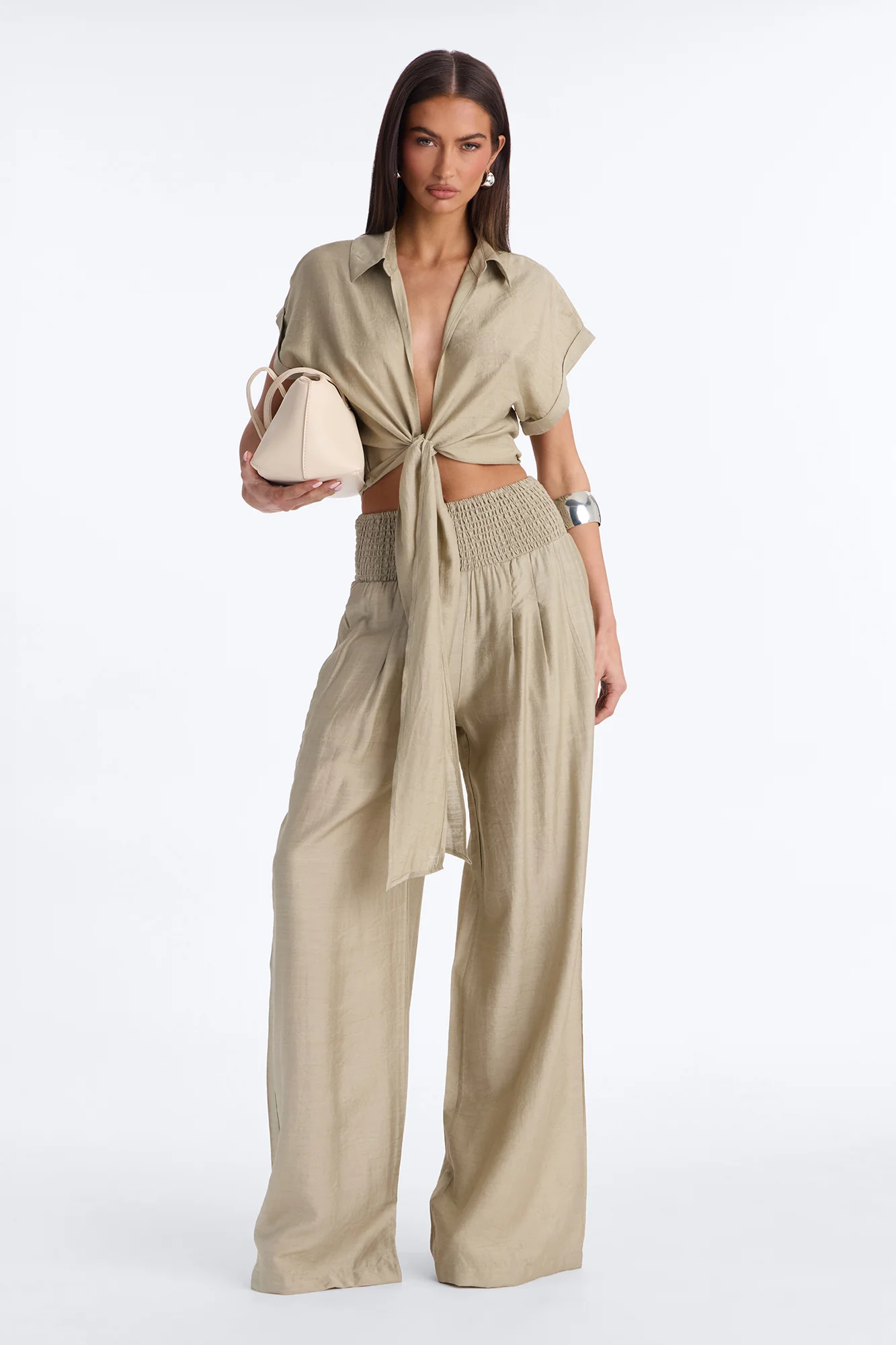 Elena Linen Wide Leg Pant Set - Olive