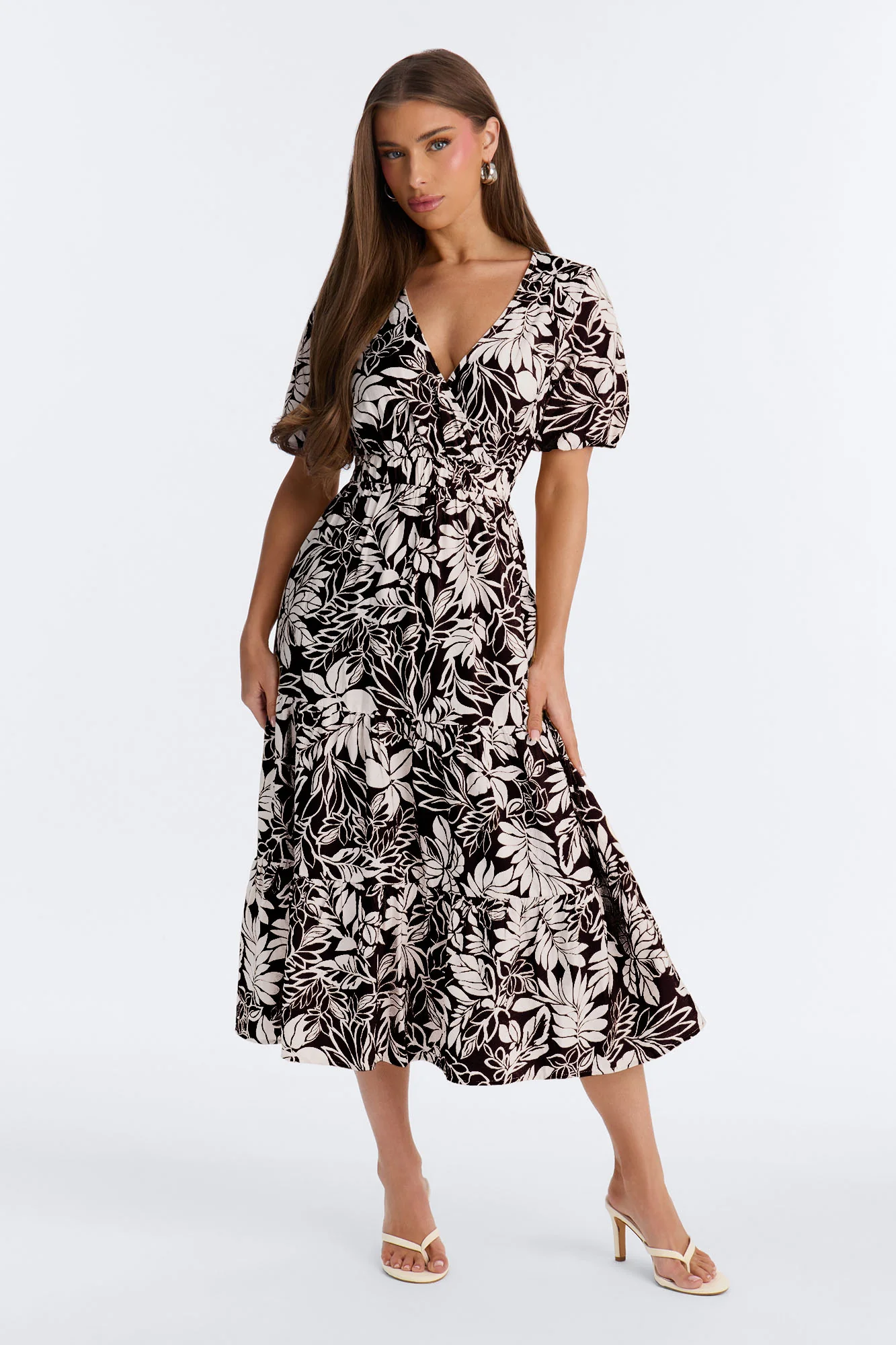 Elena Printed Midi Dress - Black/White