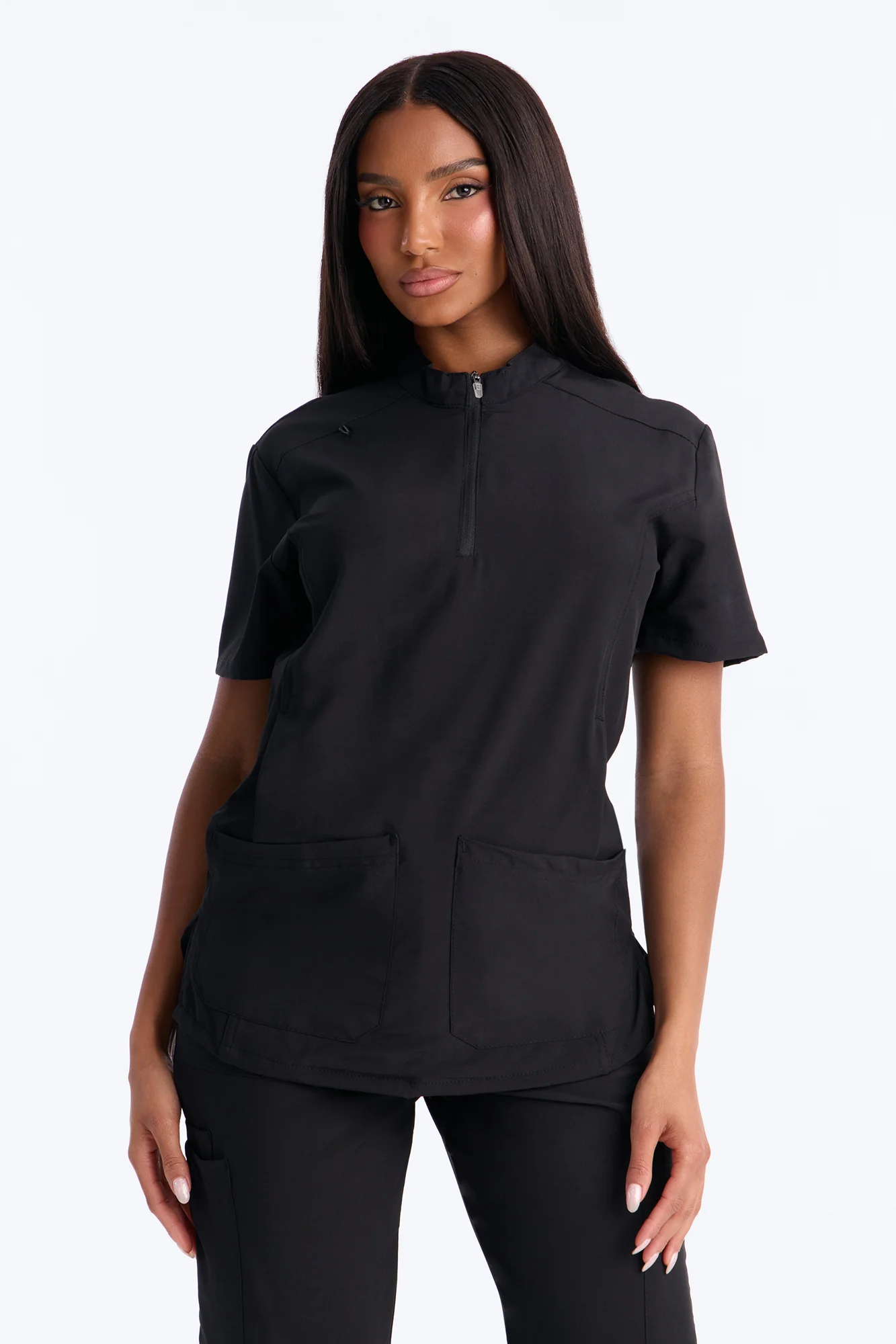 Elite 4 Way Stretch Zip Collar Open Leg Slit Scrub Set - Black - Image 2