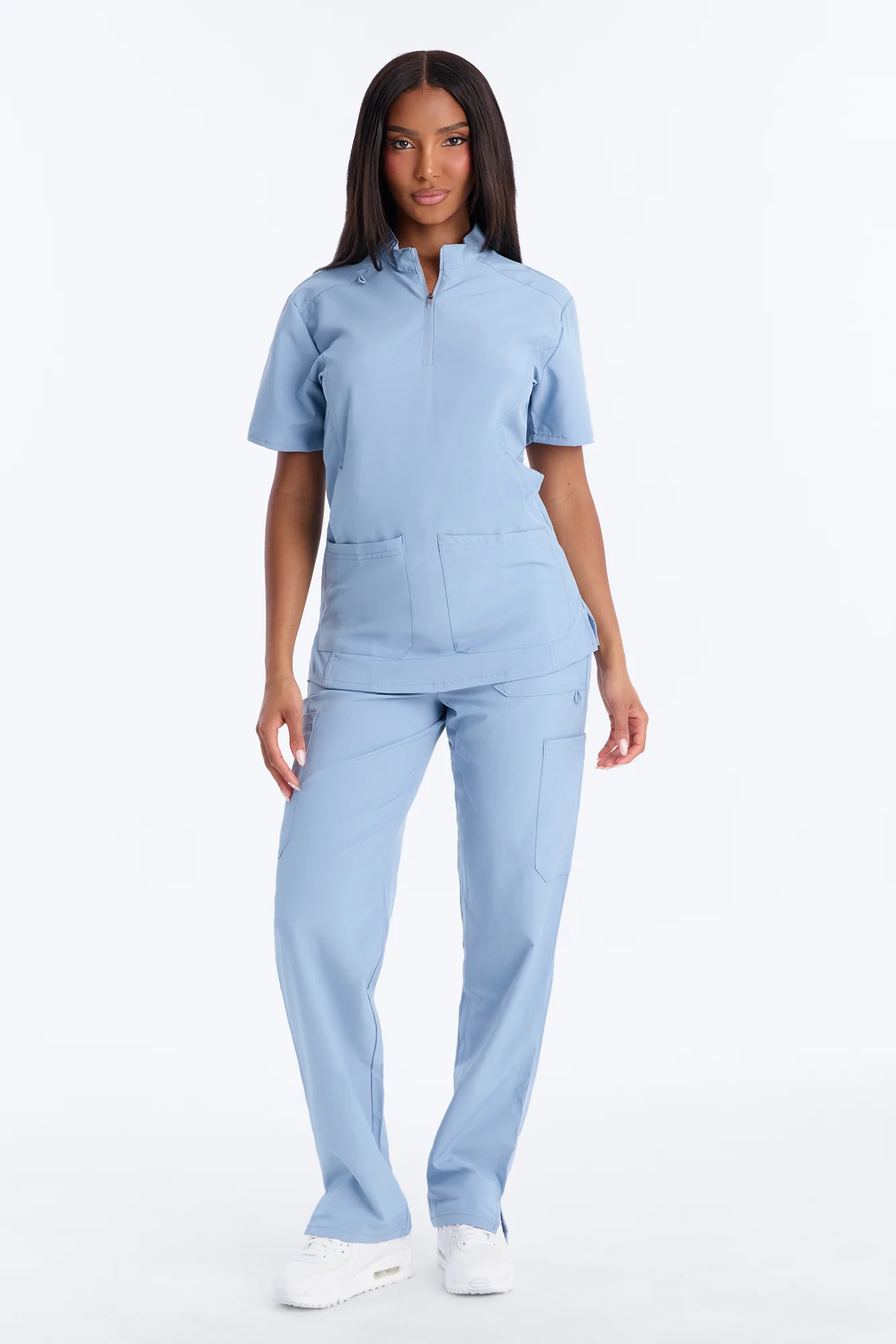Elite 4 Way Stretch Zip Collar Open Leg Slit Scrub Set - Dusty Blue