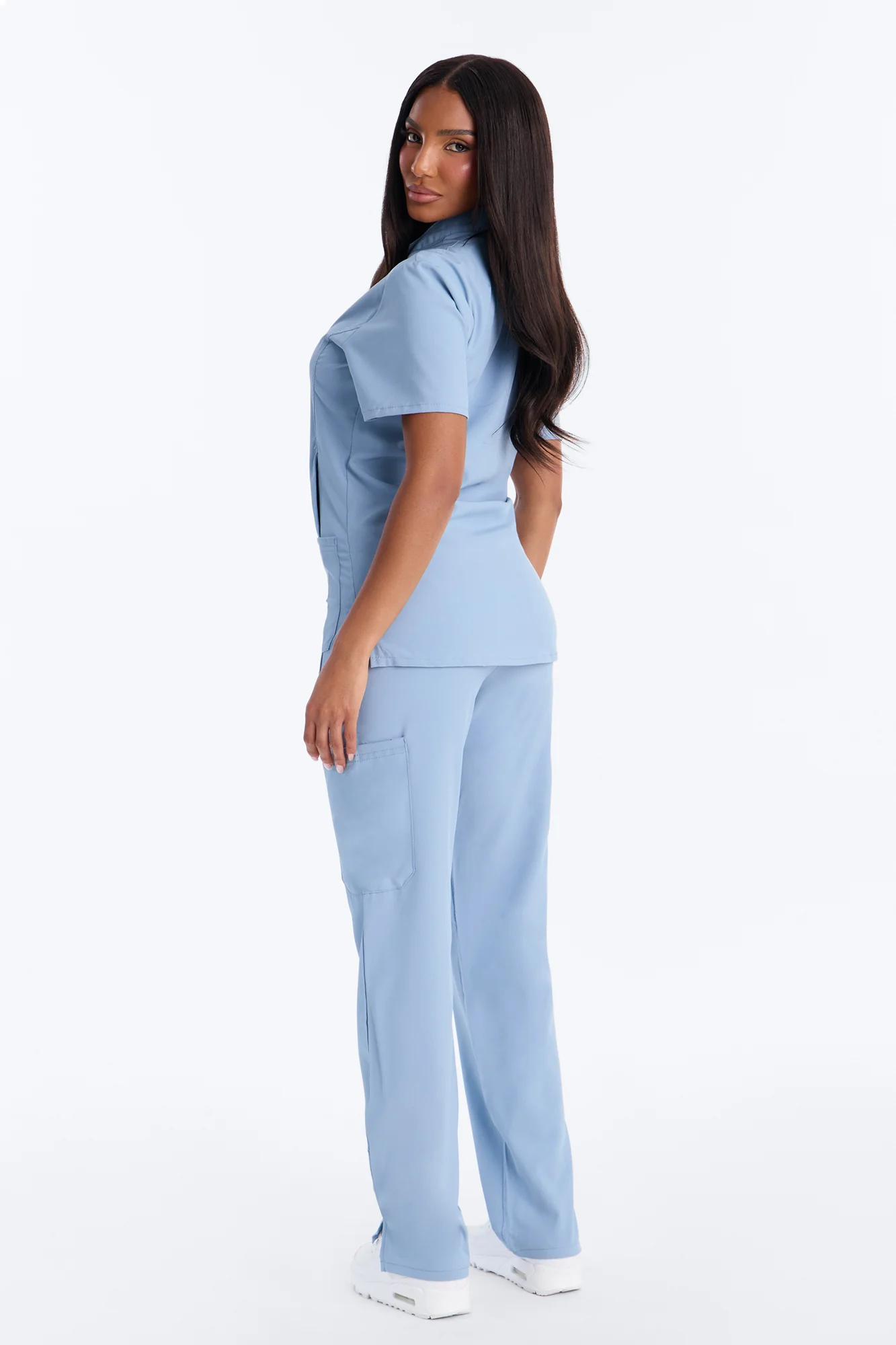 Elite 4 Way Stretch Zip Collar Open Leg Slit Scrub Set - Dusty Blue - Image 4