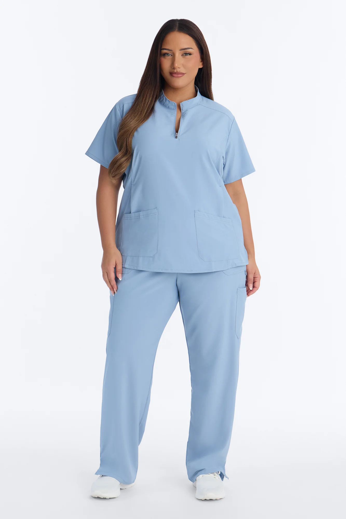 Elite 4 Way Stretch Zip Collar Open Leg Slit Scrub Set - Dusty Blue - Image 5
