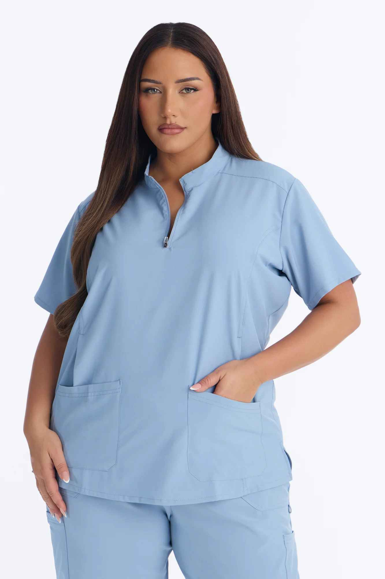 Elite 4 Way Stretch Zip Collar Open Leg Slit Scrub Set - Dusty Blue - Image 6