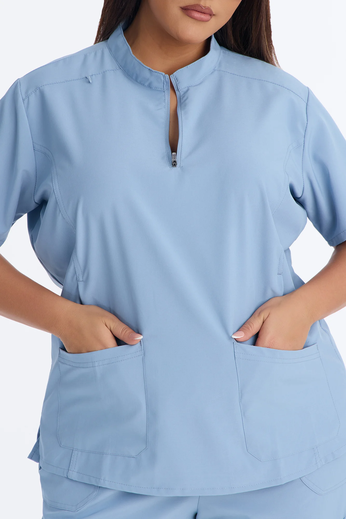 Elite 4 Way Stretch Zip Collar Open Leg Slit Scrub Set - Dusty Blue - Image 7