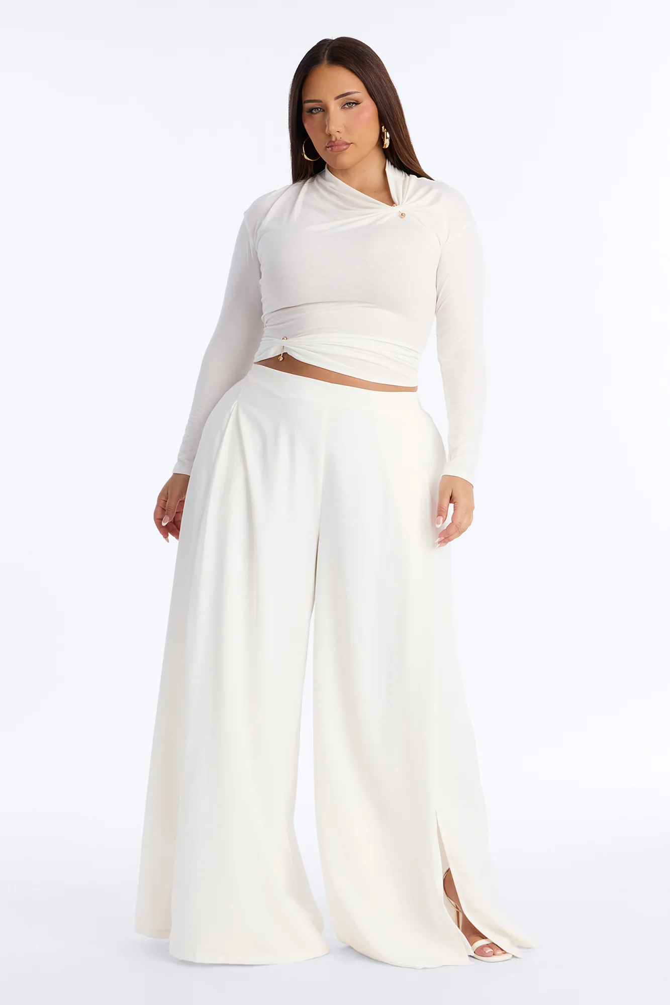 Elodie Mid Rise Super Wide Leg Crepe Pant 33″ - Ivory - Image 4
