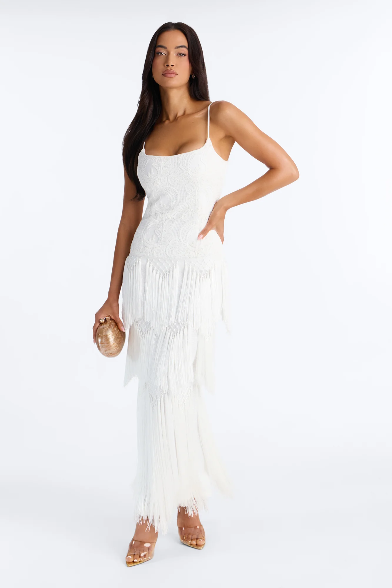 Elsa Fringe Lace Maxi Dress - White