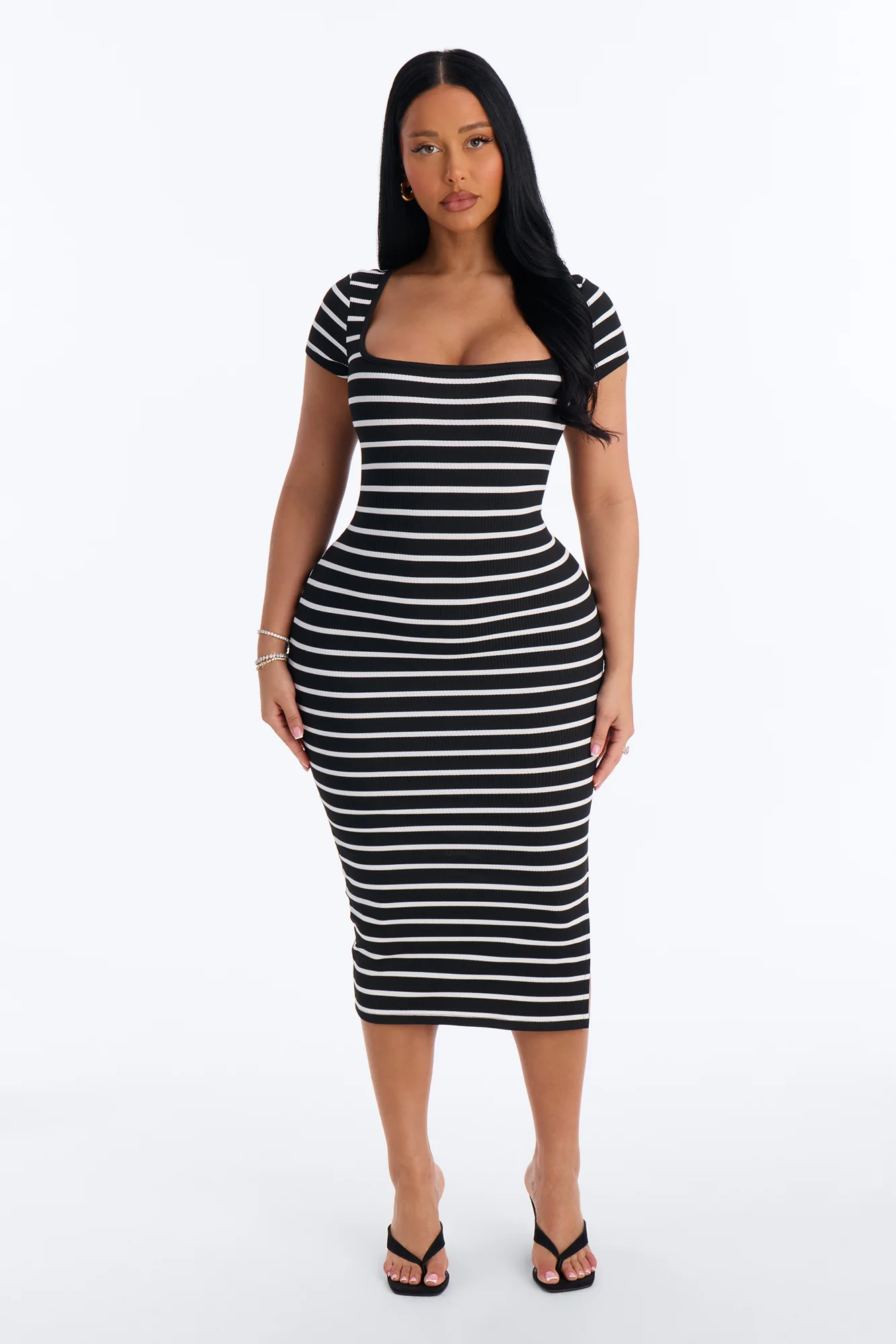 Emma Short Sleeve Striped Midi Dress - Black/White