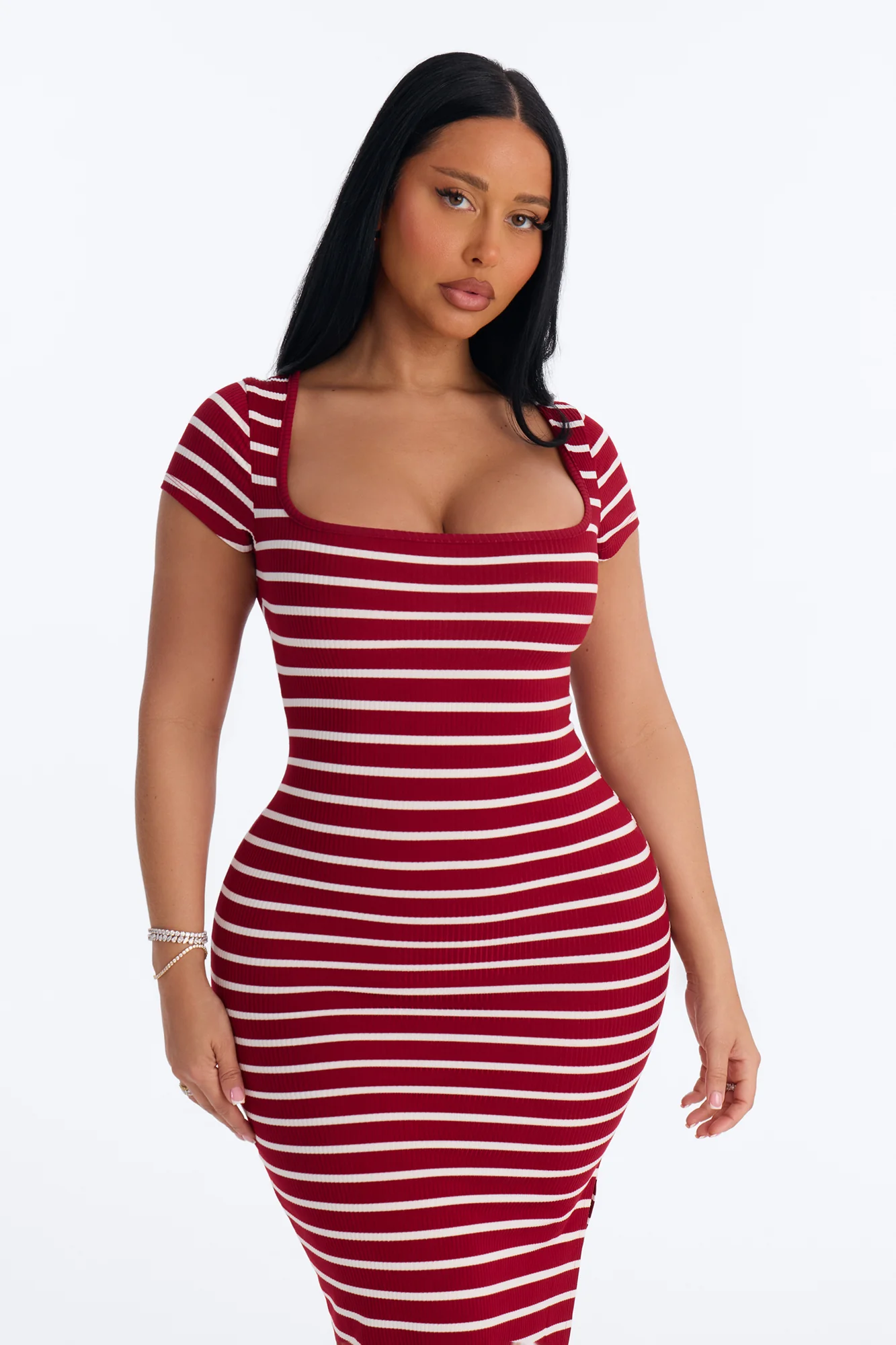 Emma Short Sleeve Striped Midi Dress - Red/White - Image 2