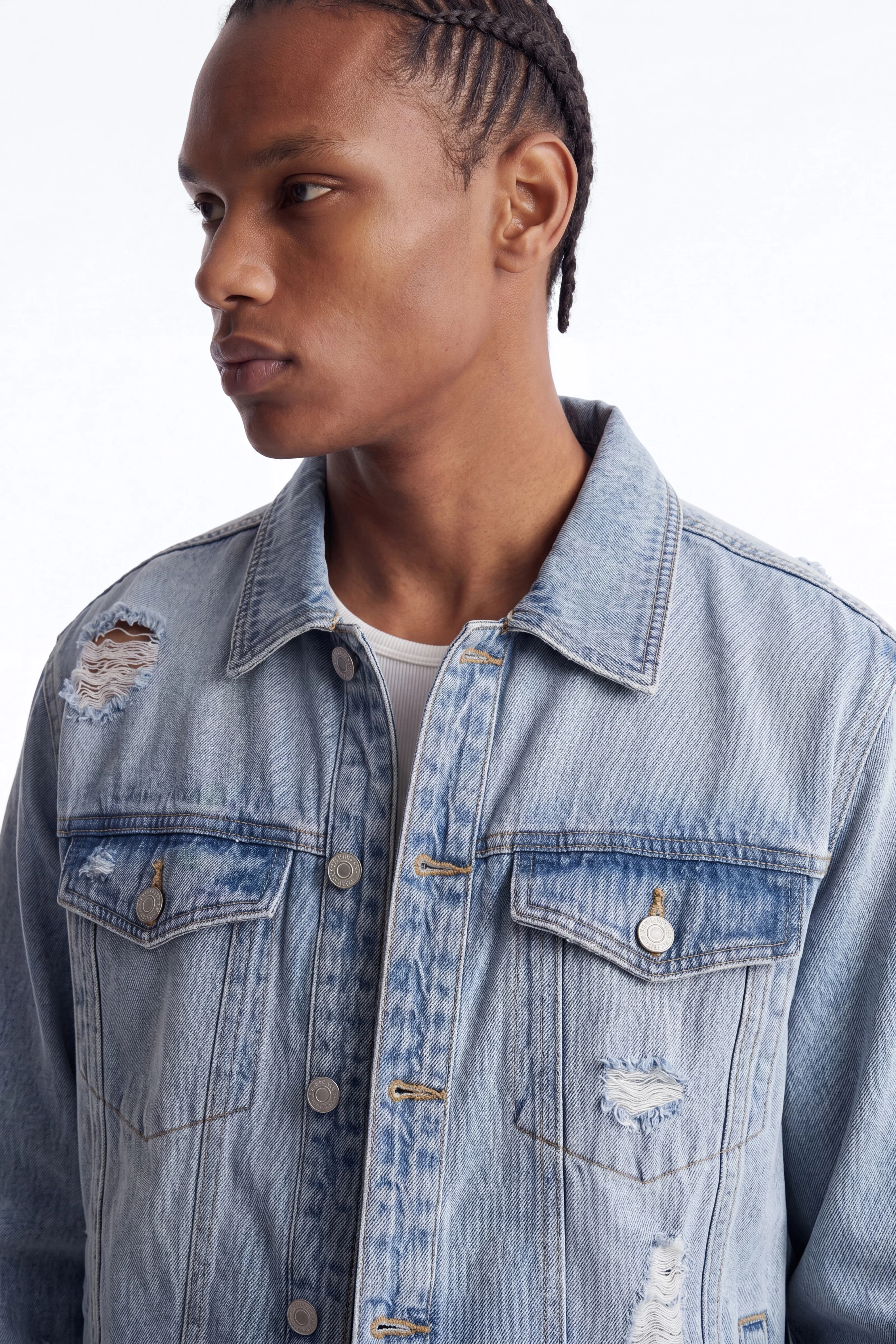 Essential Destroyed Denim Trucker Jacket - Light Blue Wash - Image 3